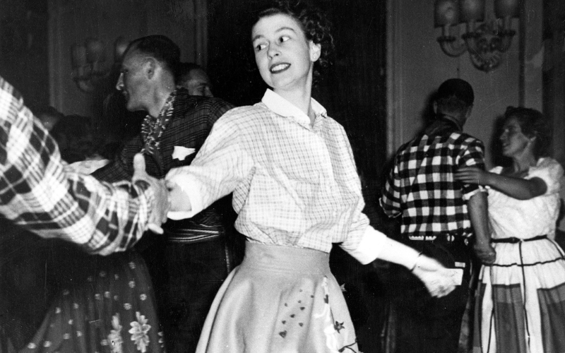 Princess Elizabeth (Queen Elizabeth II) dancing a Canadian Square Dance at Government House, Ottawa during he Royal Tour of 1951