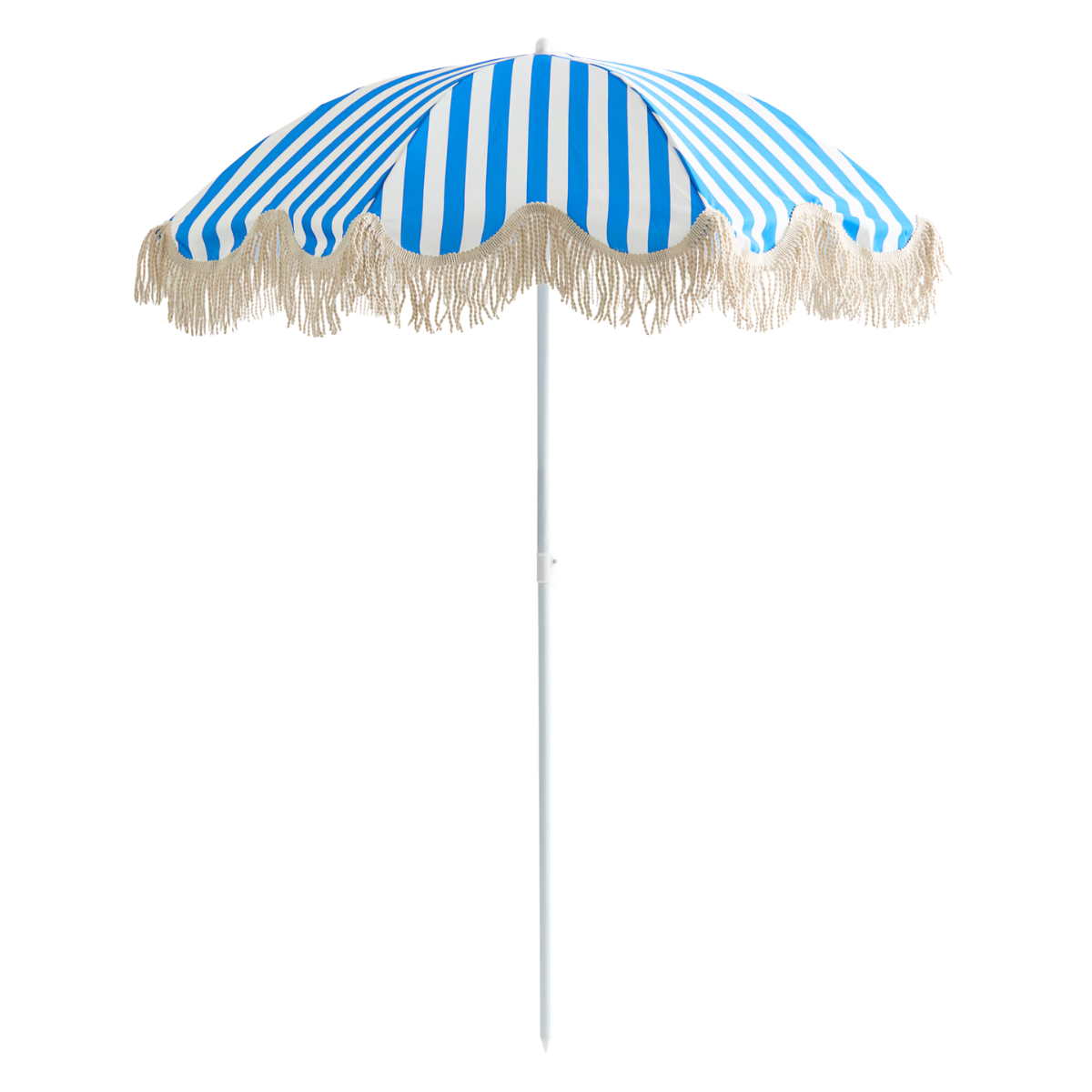 BLUE AND WHITE STRIPE PARASOL WITH FRINGING AND A WHITE POLE