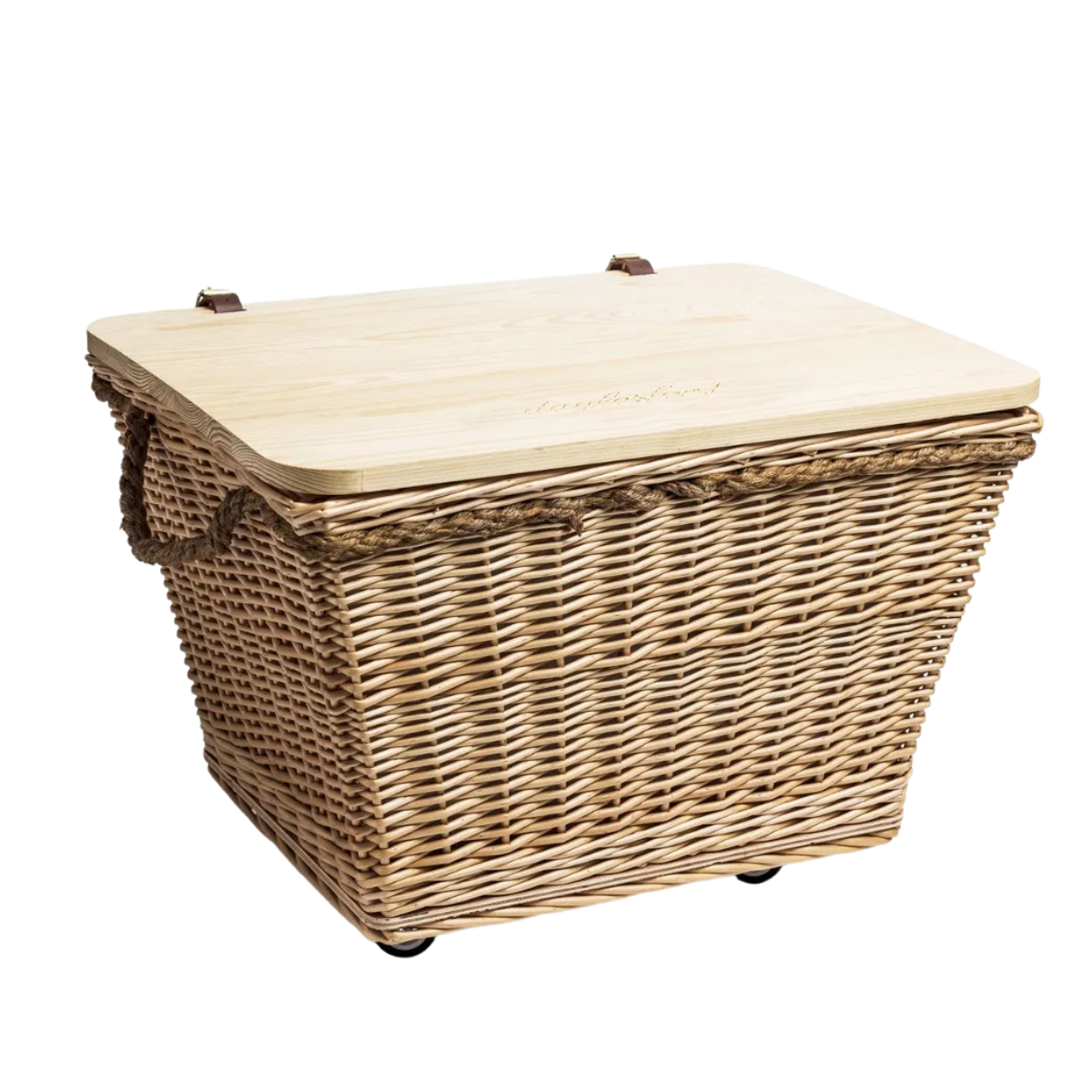 a large picnic basket on wheels with a wooden top