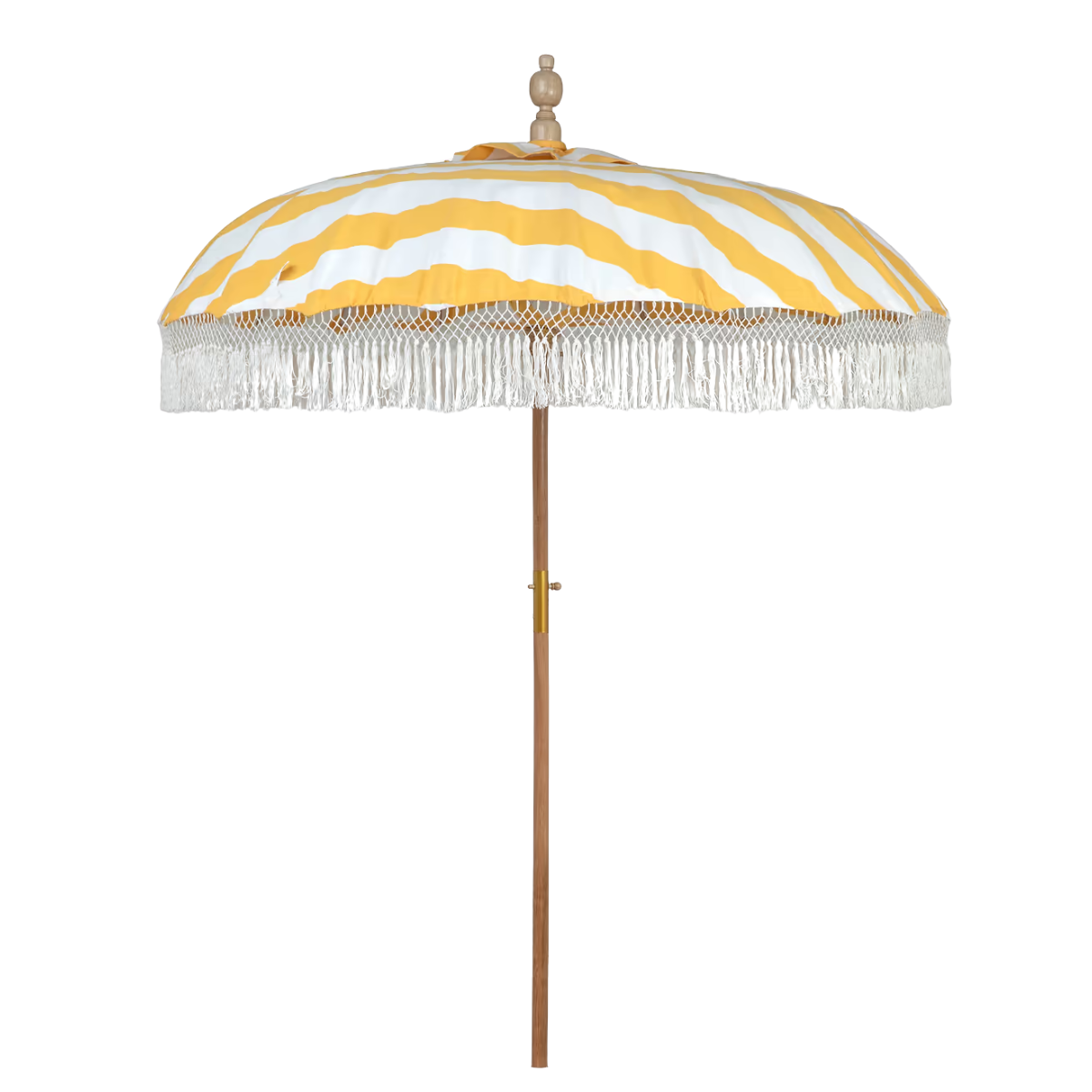 a bright yellow and white stripe parasol with a macrame trim and a wooden pole