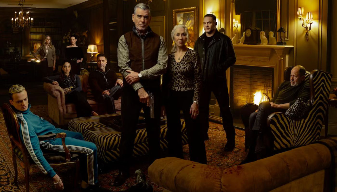 mobland cast in the living room of the cotswold house, featuring pierce brosnan, helen mirren and tom hardy