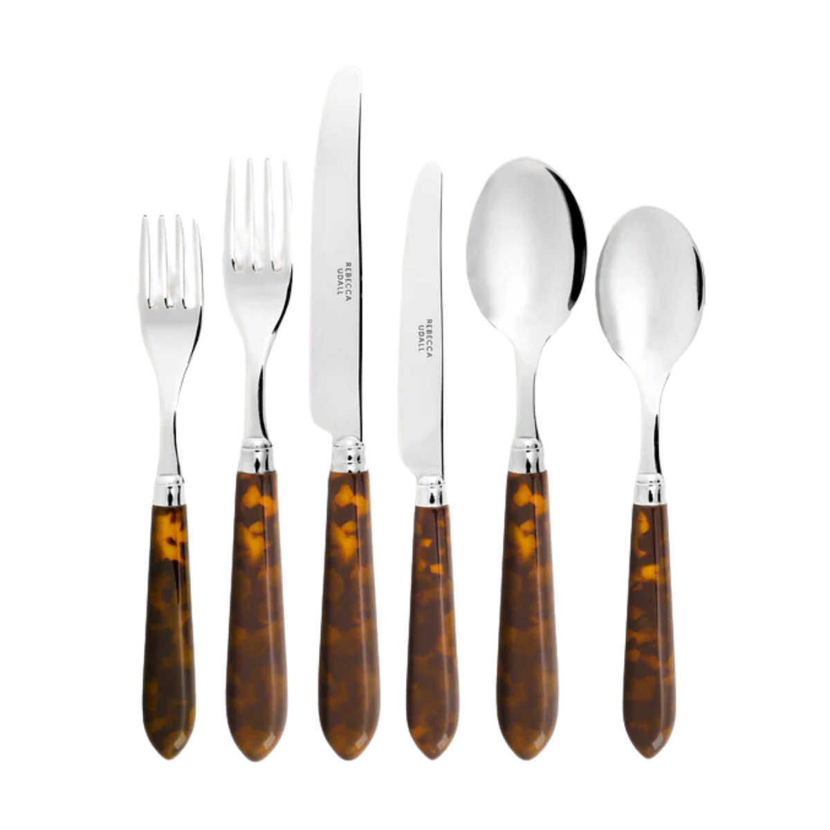 a set of 6 cutlery with brown tortoiseshell handles