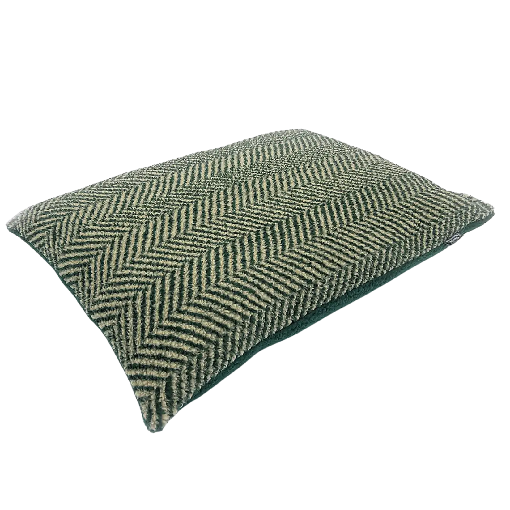 a dark green herringbone pattern dog mattress bed