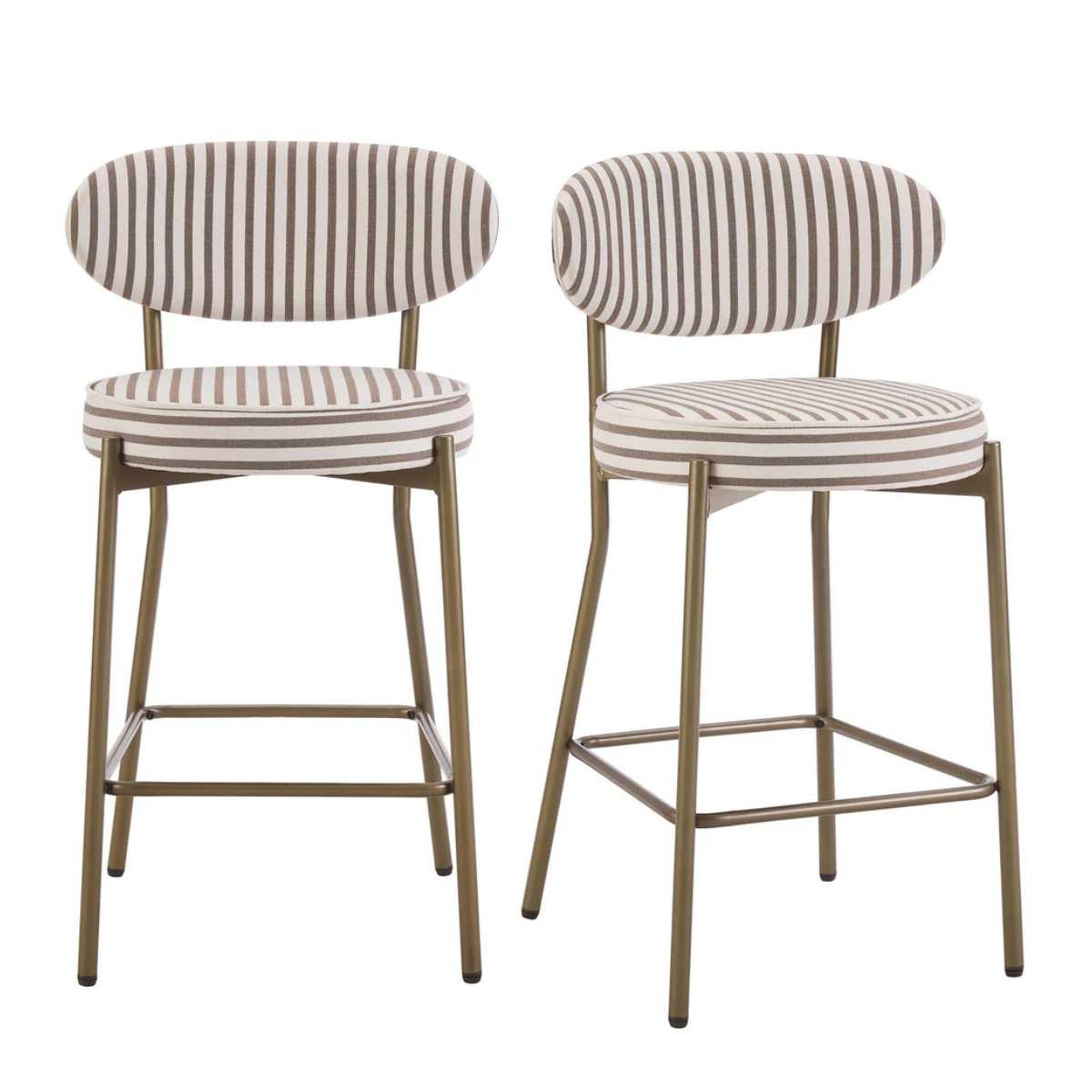 A SET OF TWO WHITE AND BROWN STRIPE BAR STOOLS WITH BROWN LEGS