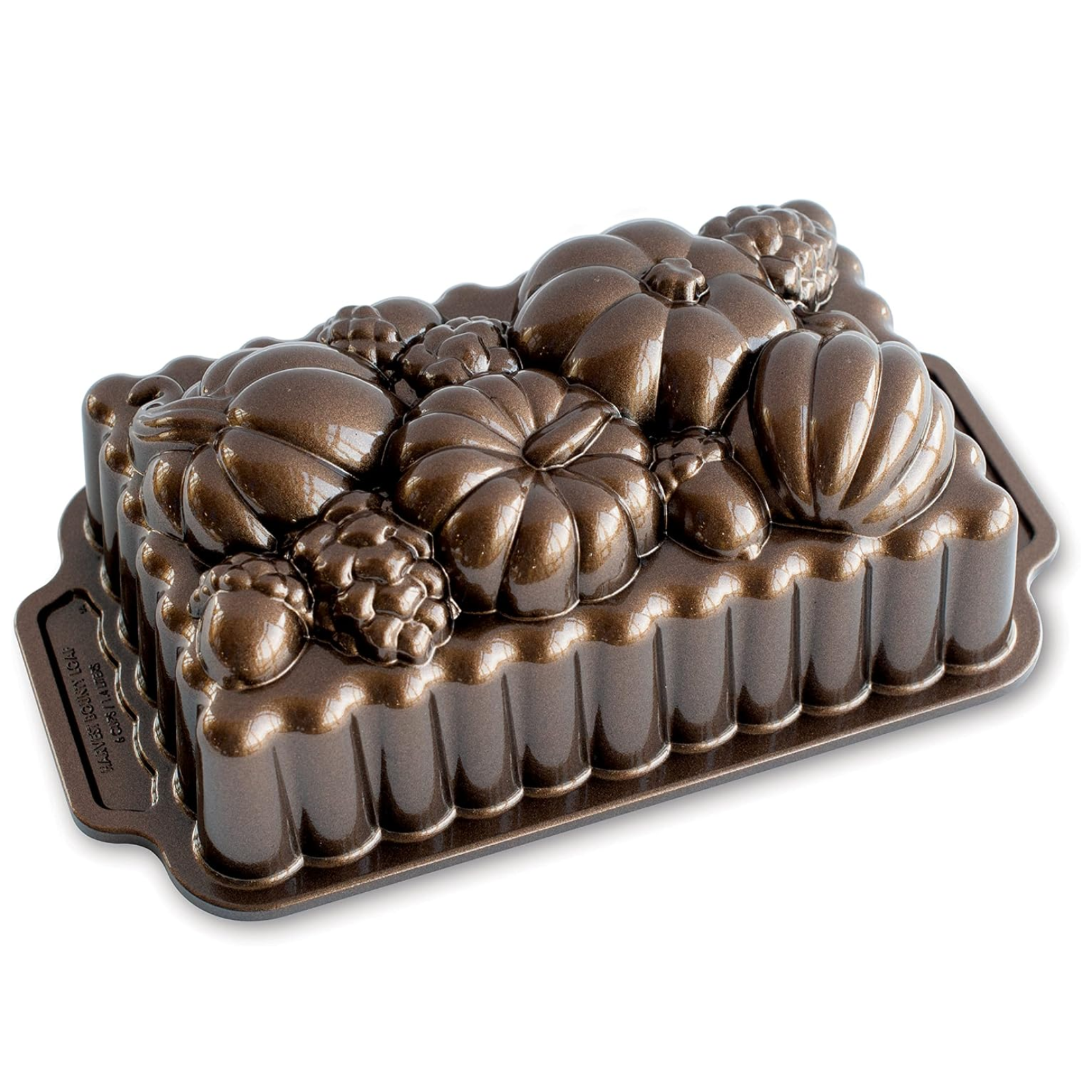 Bronze cast aluminum loaf pan featuring a detailed relief of pumpkins, acorns, and pinecones along the top