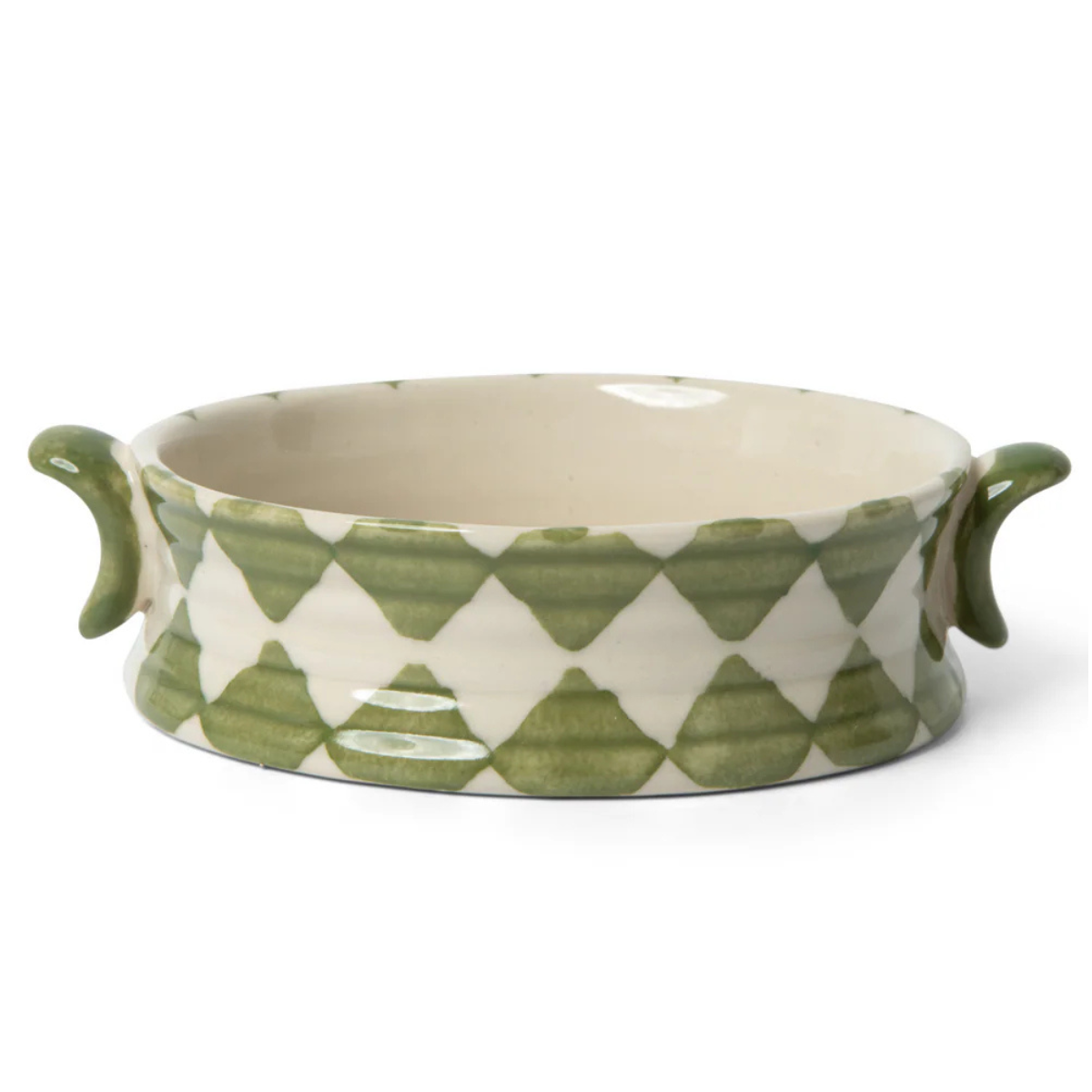 a white and green check print snack bowl with handles