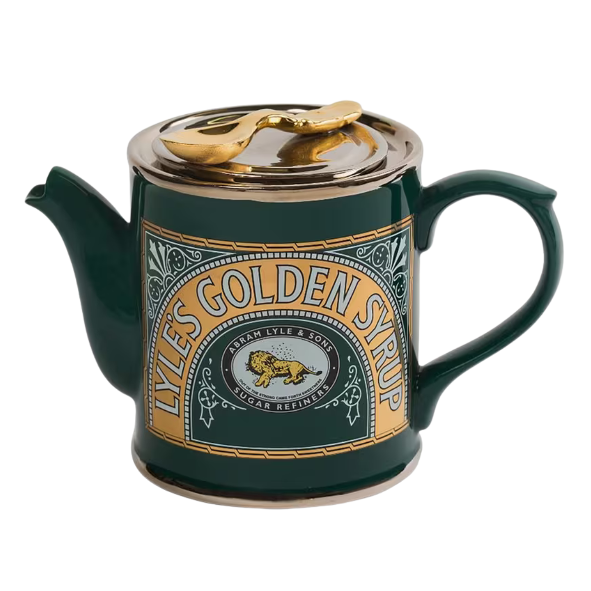 a green teapot in the shape of a tin of golden syrup