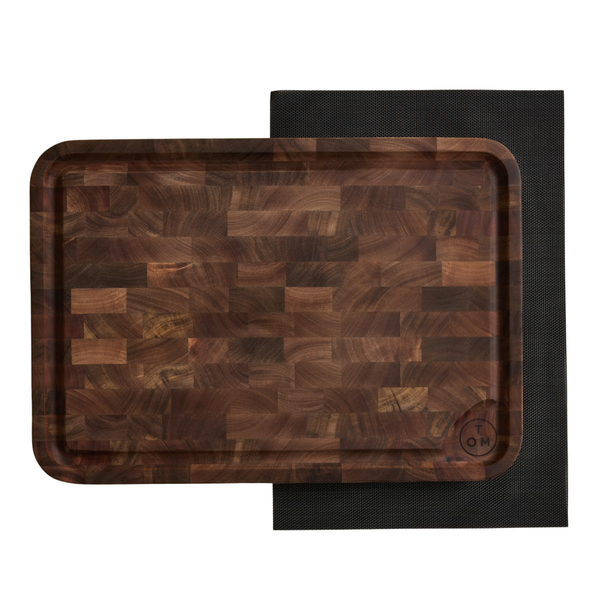 wooden butchers block chopping board with black slip mat
