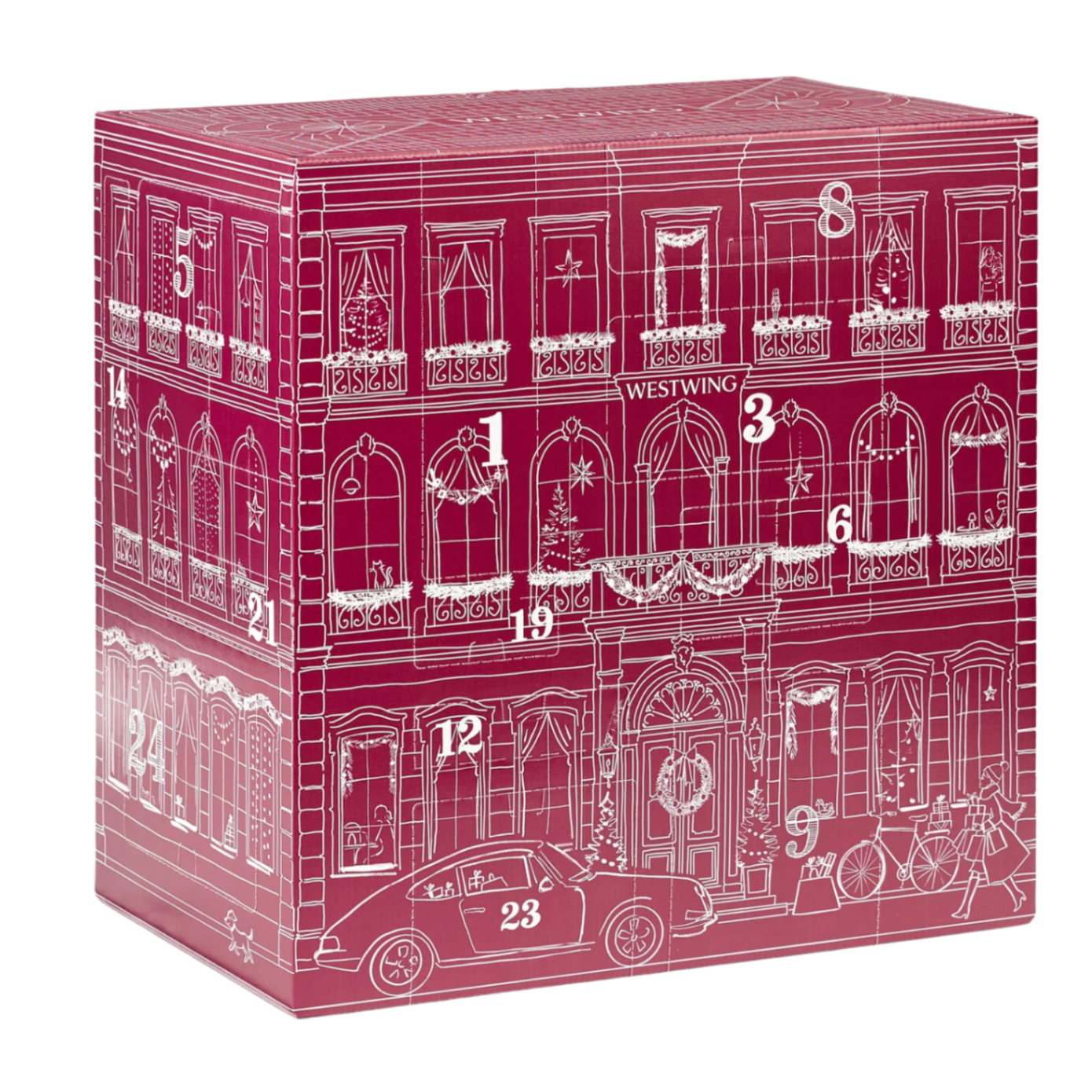 Westwing advent calendar box designed like a red townhouse with white line drawings of festive windows, doors, and numbered doors