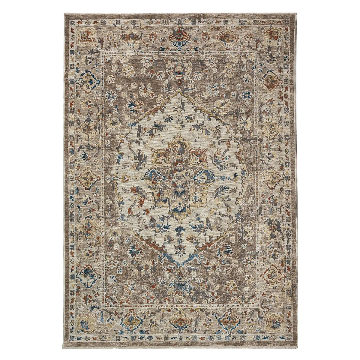 a brown, beige and blue traditional patterned rug