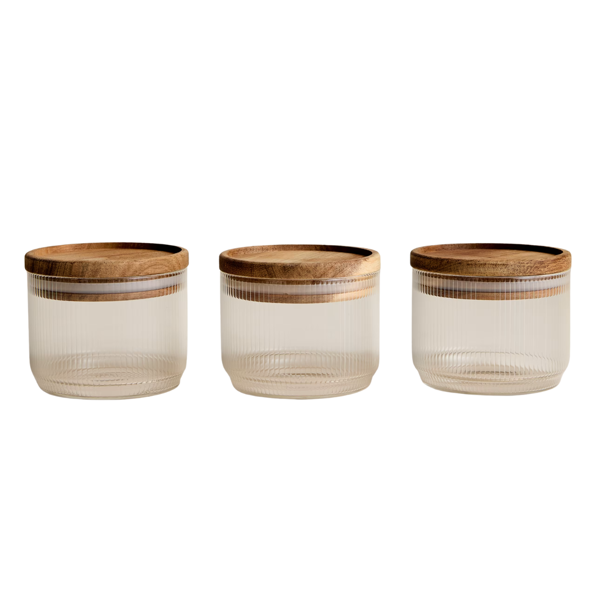 SET of 3 ribbed storage jars with wooden lids