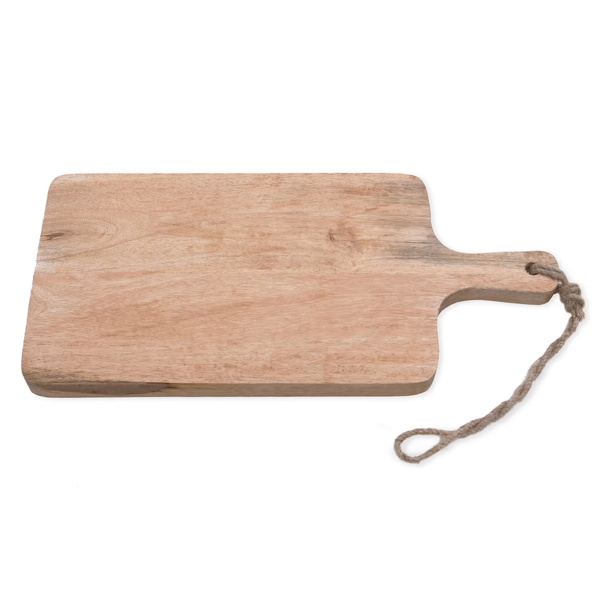 a rectangle pale wood chopping board with a piece of string tied to the handle