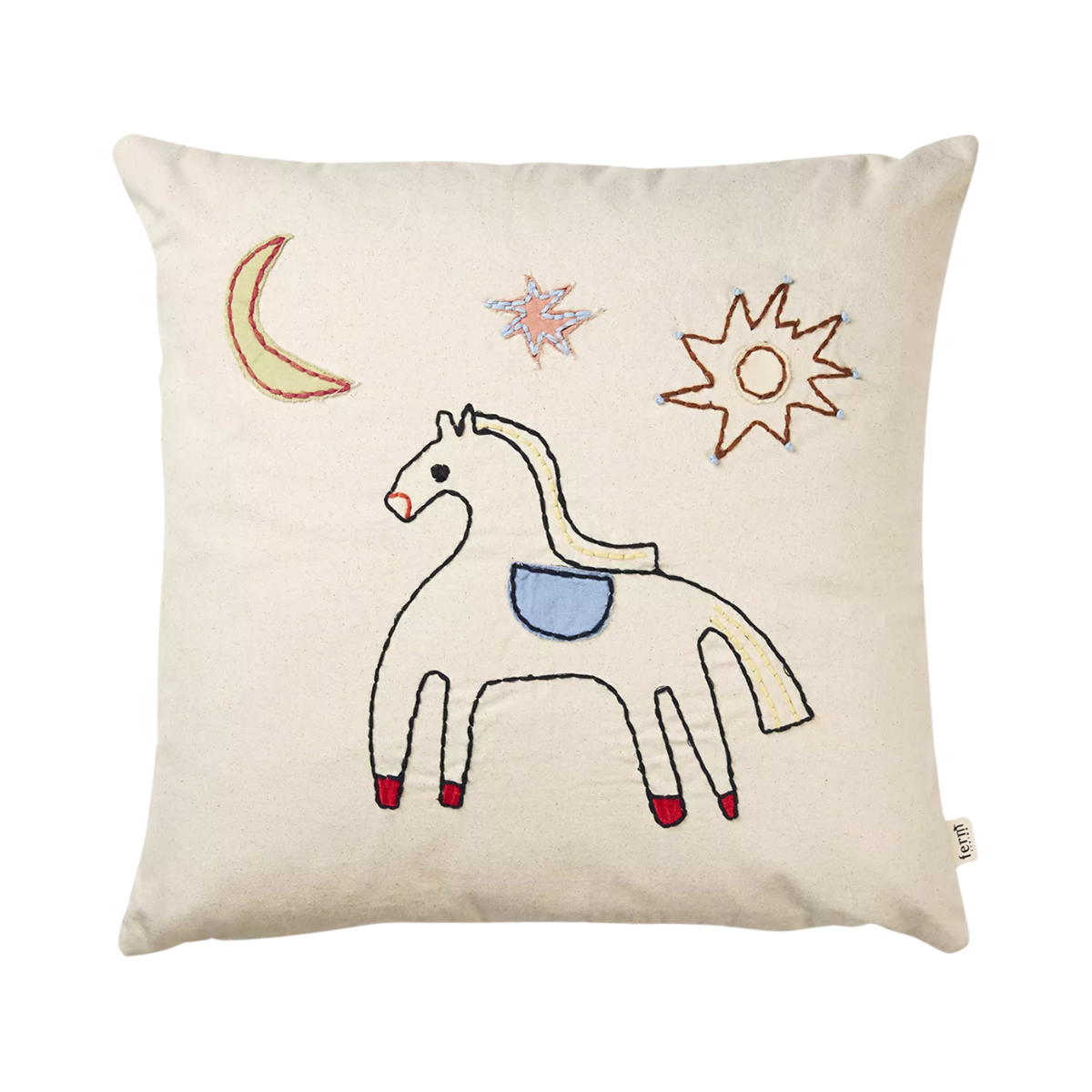 cream cushion with embroidered horse, sun and moon
