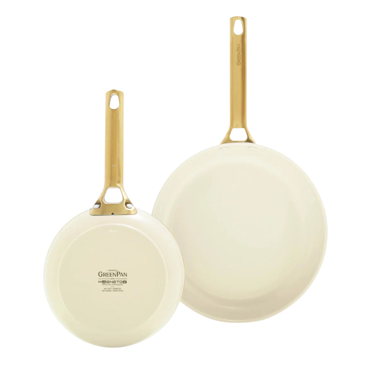 two frying pans in cream and gold, one big and one small