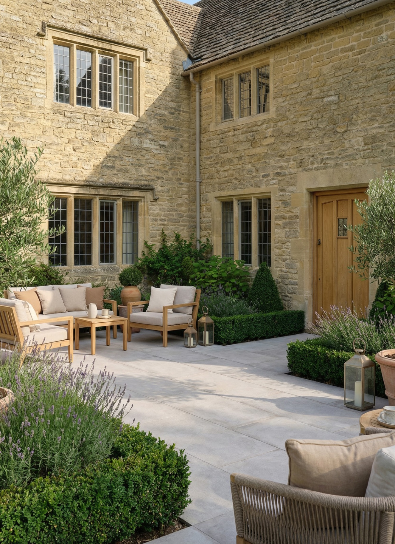 a cotswold stone home exterior with grey stone patio and wood and rope outdoor furntiure