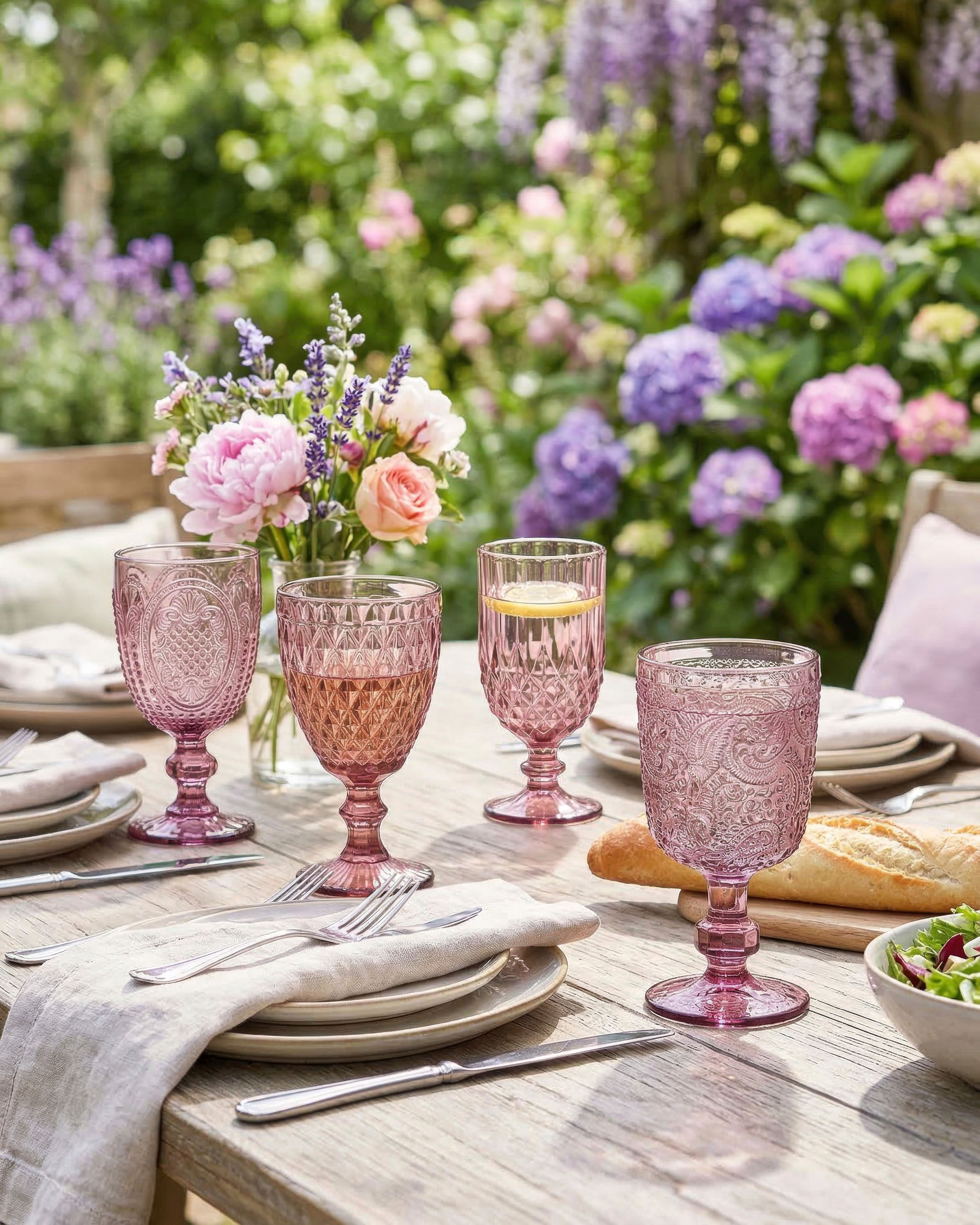 an outdoor table with pink wine glasses, cream linen napkins and pink and purple flowers in the background
