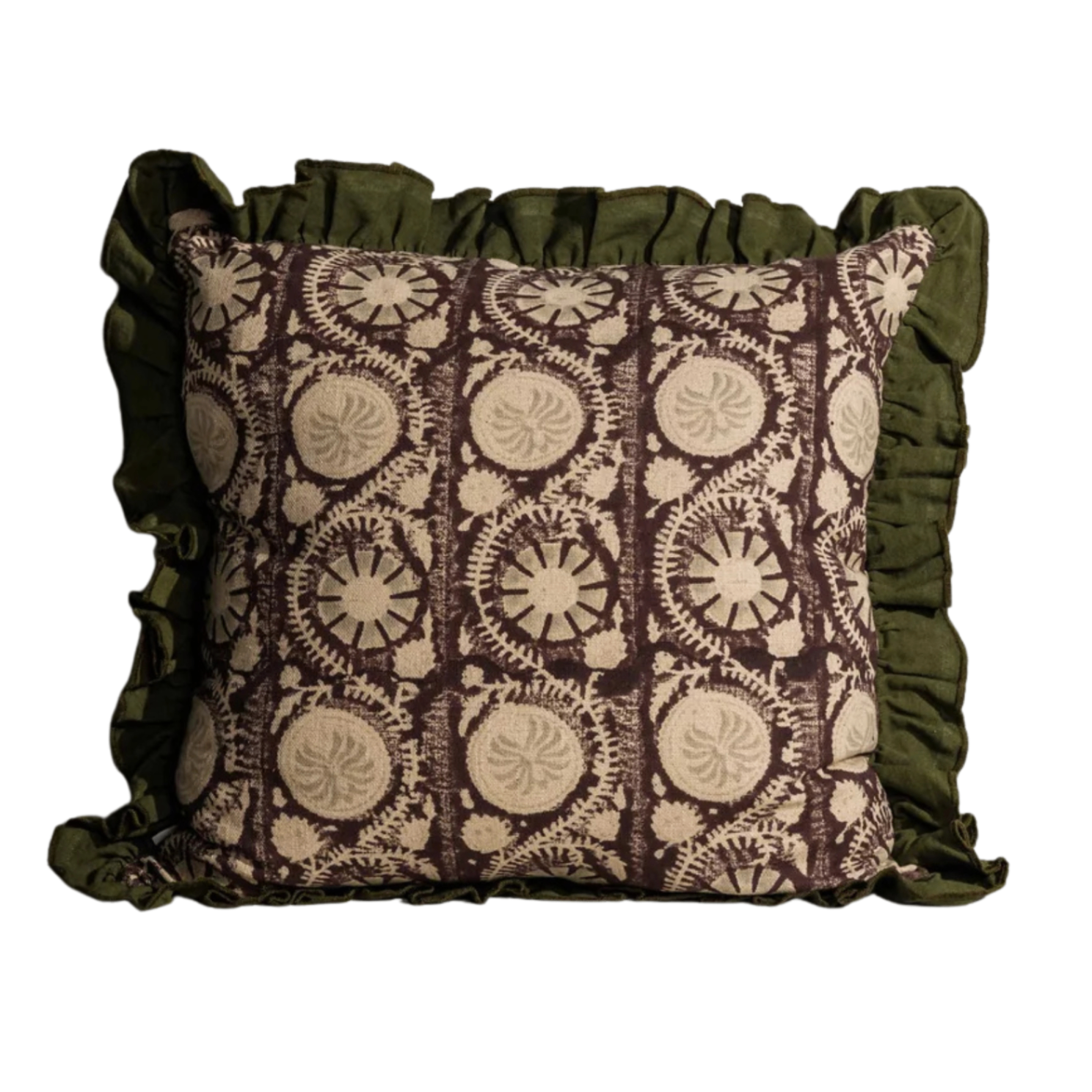 a dark purple and cream botanical print cushion with olive green ruffles