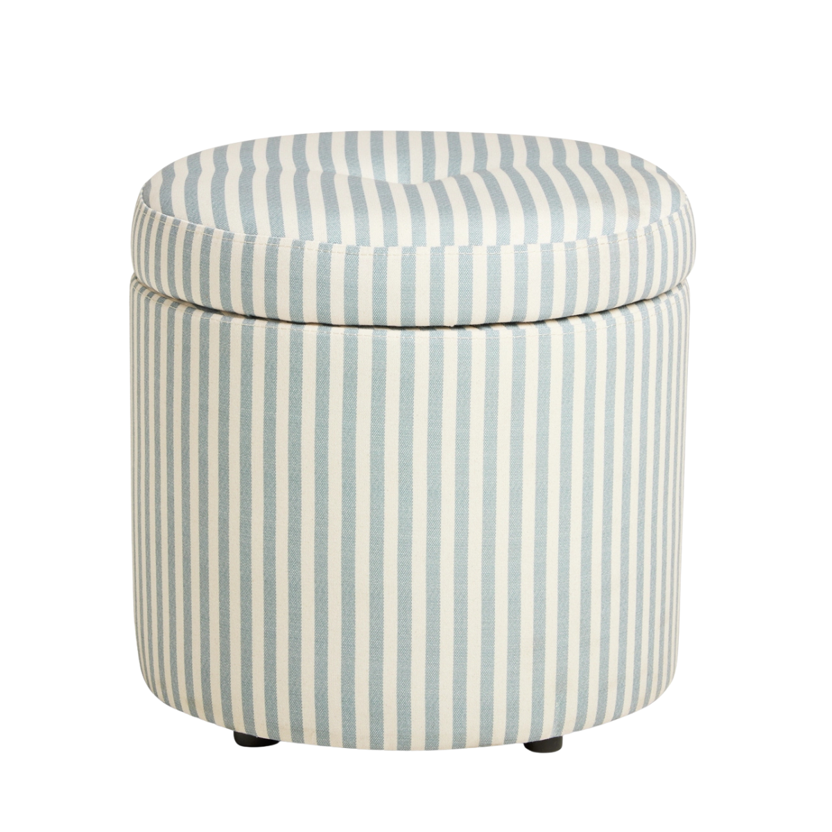 a small circular blue and white stripe storage ottoman