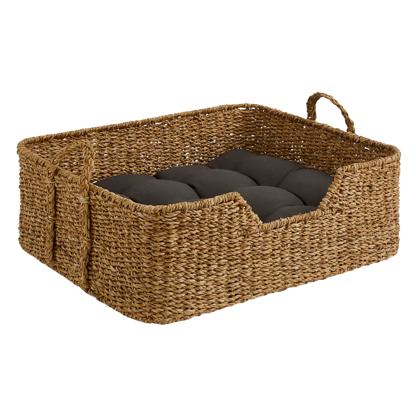 a rectangular woven dog bed with a black cushion inside