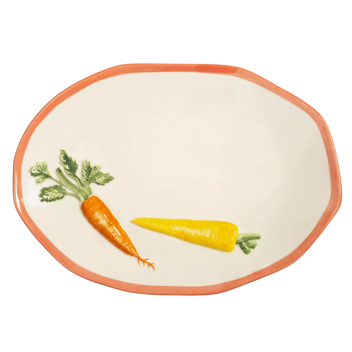 a white serving platter with an orange and a yellow carrot