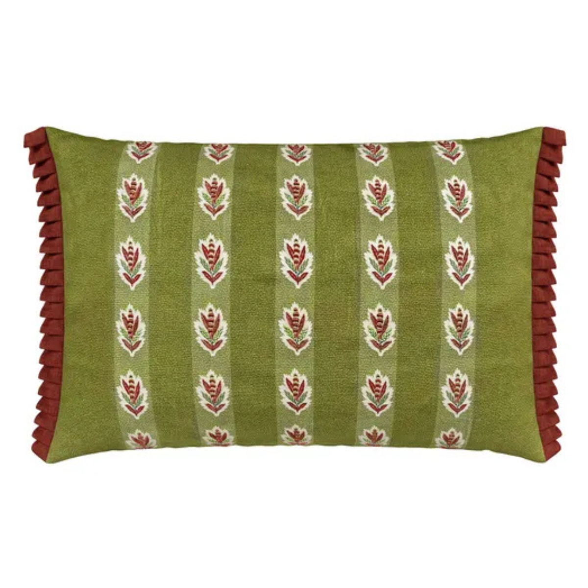 olive green cushion with red flowers and trim
