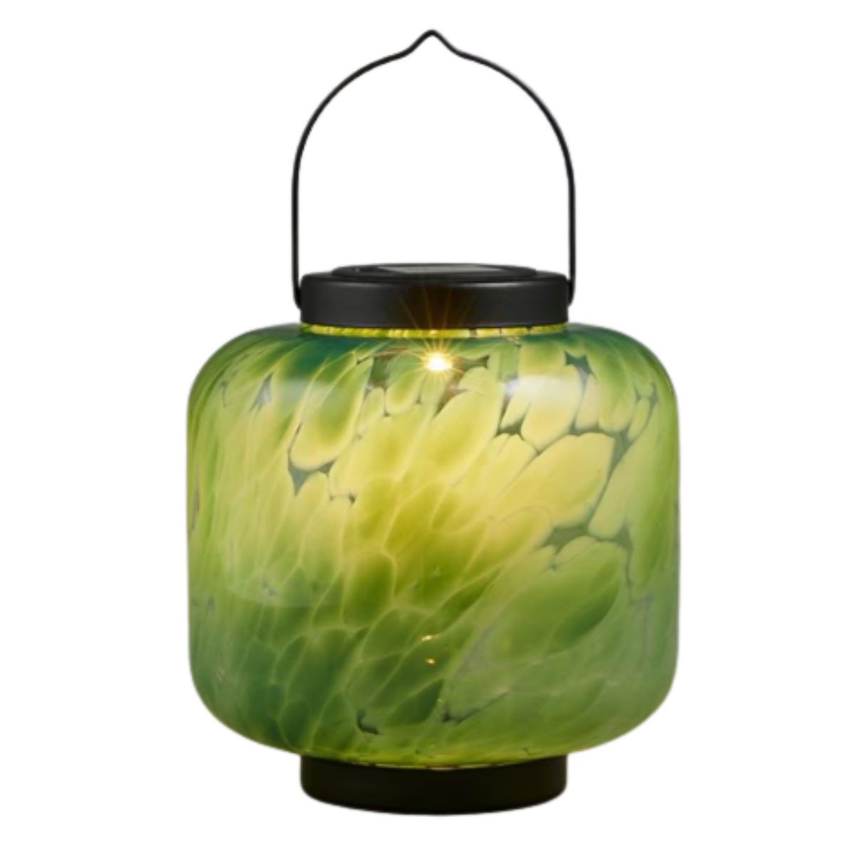 a green patterned glass lantern