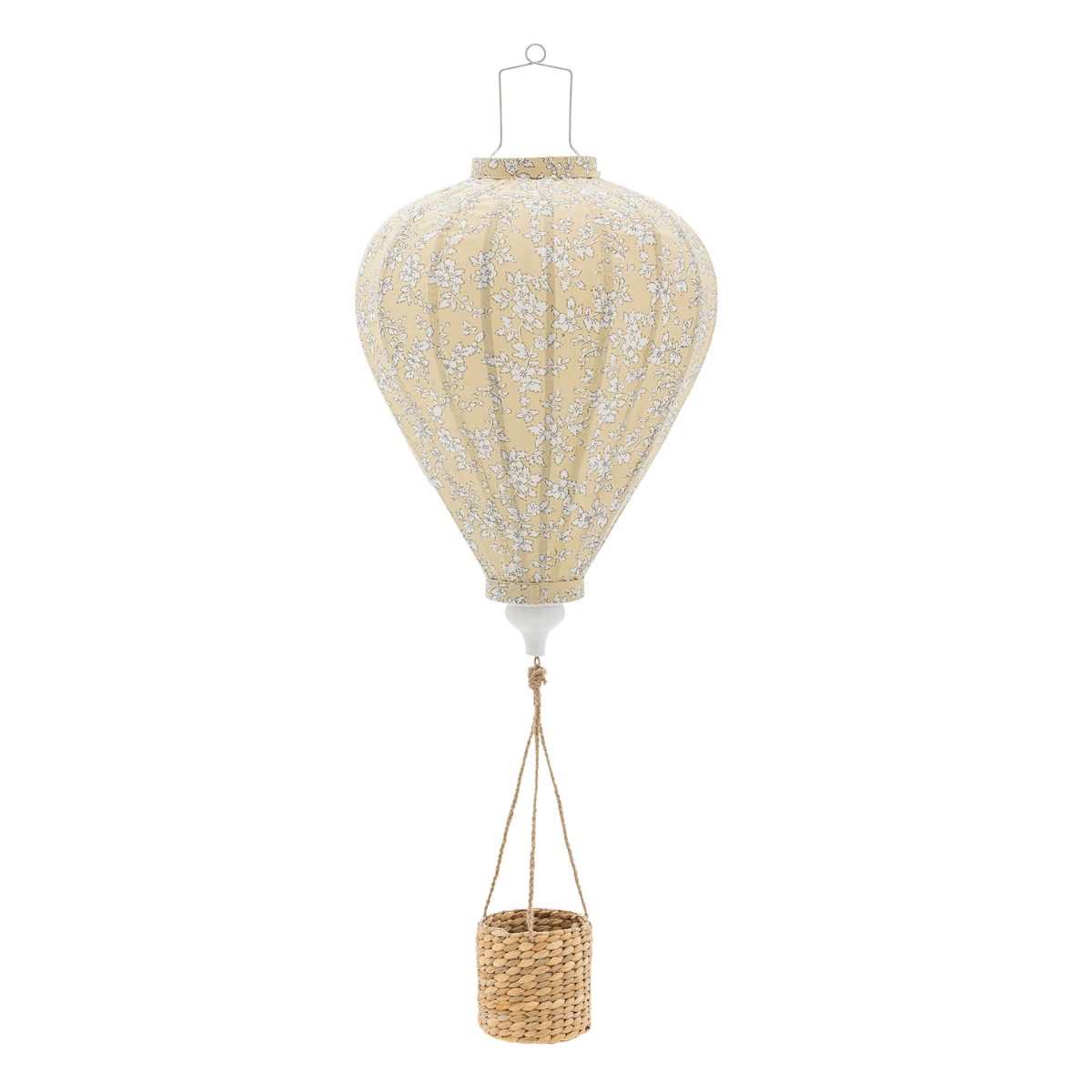 a pale yellow floral hot air balloon hanging decoration with a rattan basket