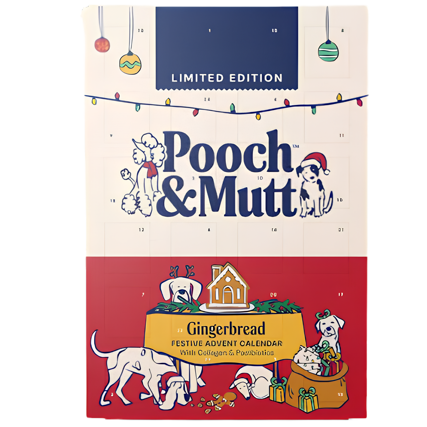 Pooch & Mutt limited edition dog advent calendar with illustrations of festive dogs, hanging baubles, and a gingerbread house