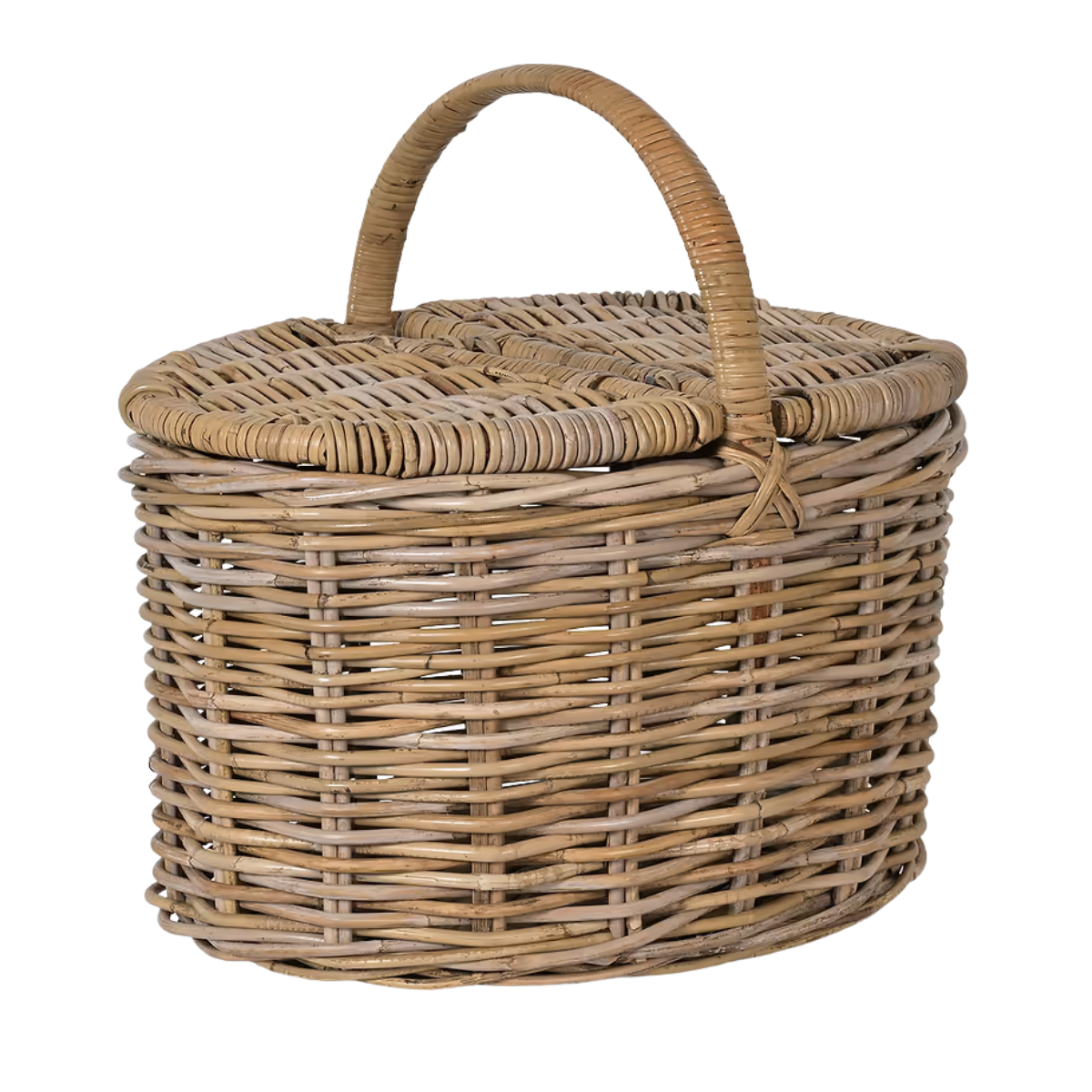 a wicker picnic basket with a lid