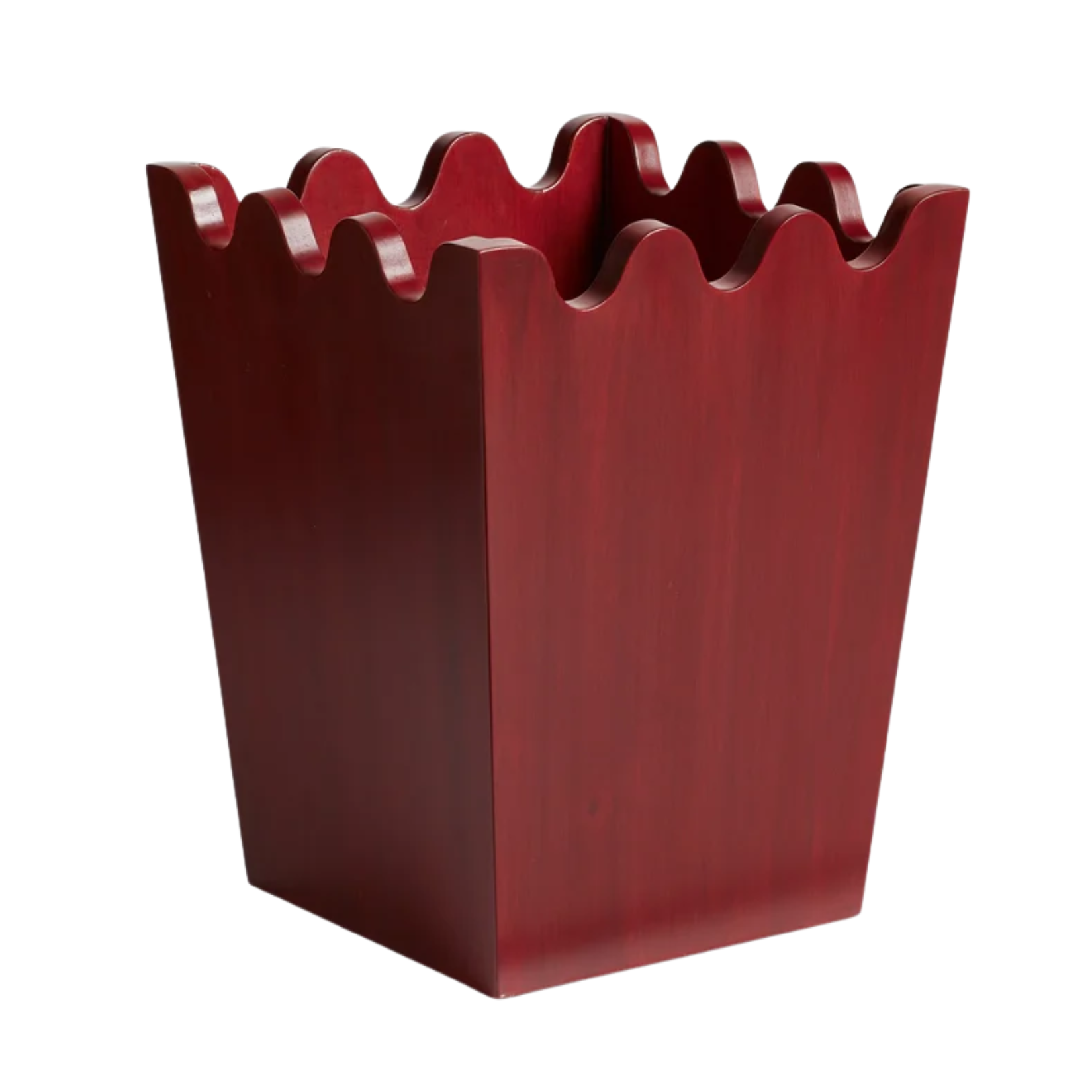 a dark red wooden paper bin with a wavy scalloped edge