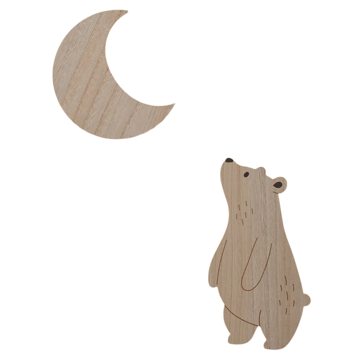 a wooden half moon and polar bear wall light pair