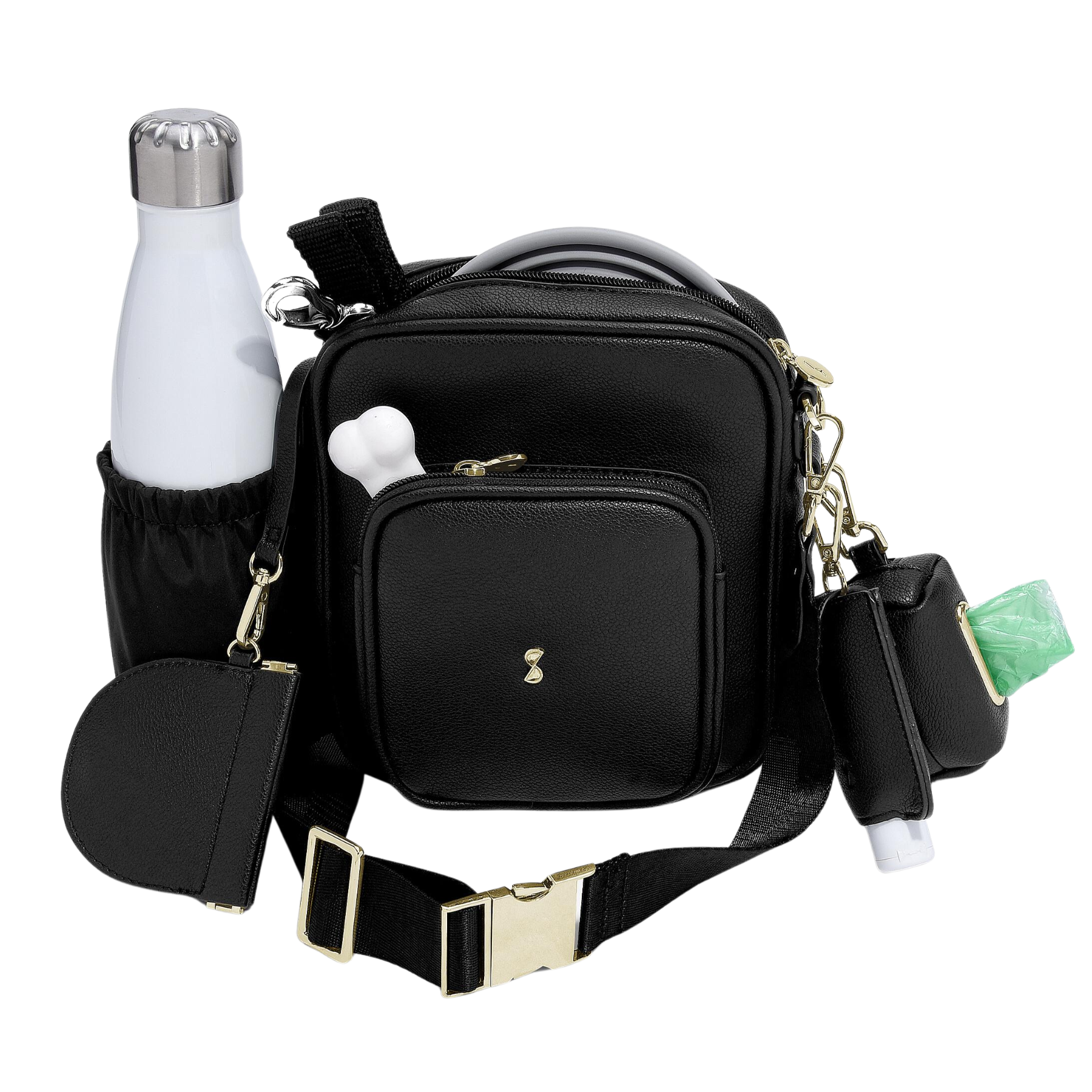 a black leather dog walking bag with a white water bottle and green dog waste bags inside