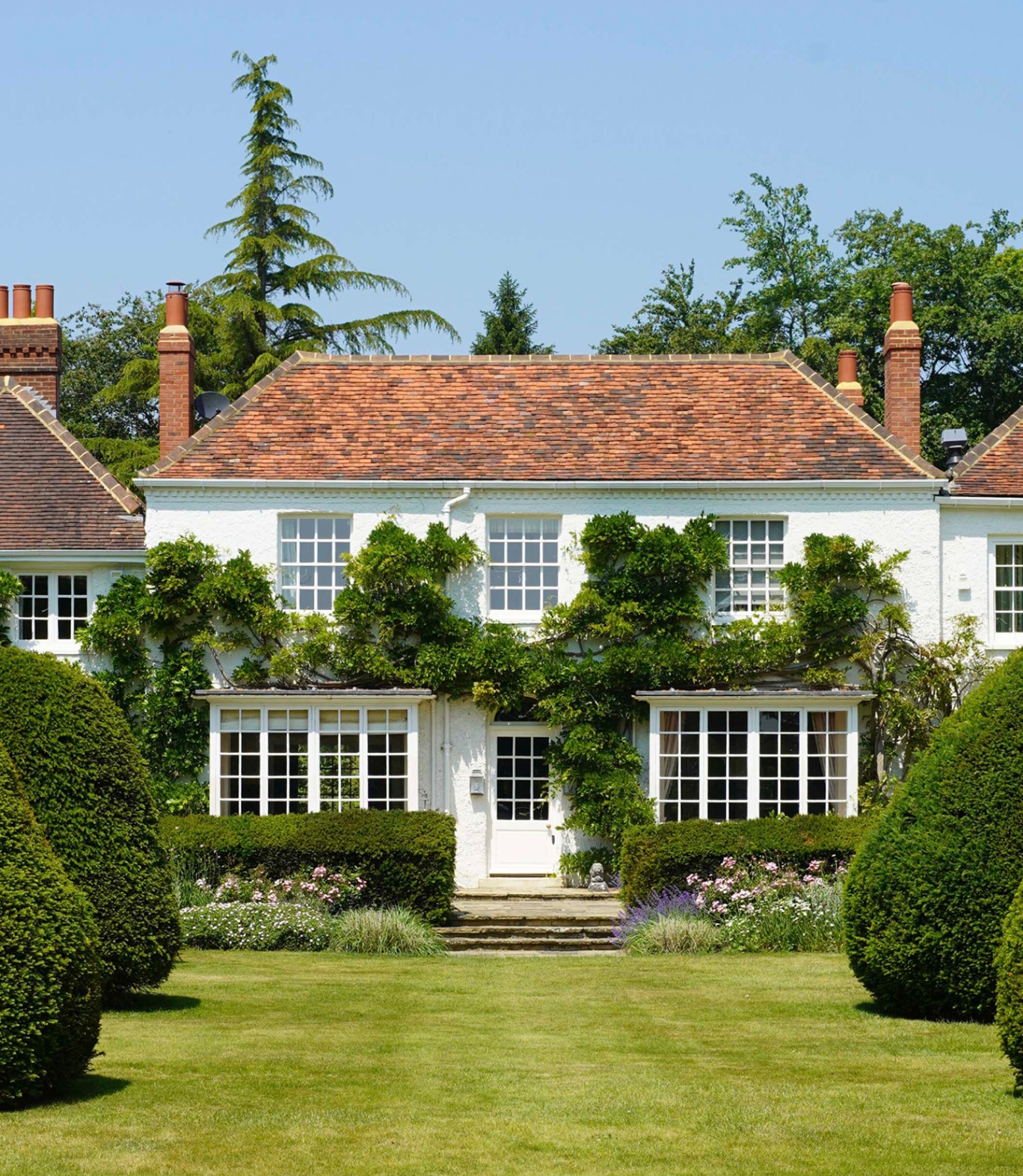 A large white Georgian house with sash windows, french windows and a central door, partially covered by a climbing plant. In the foreground is a lawn, flowers and topiary bushes