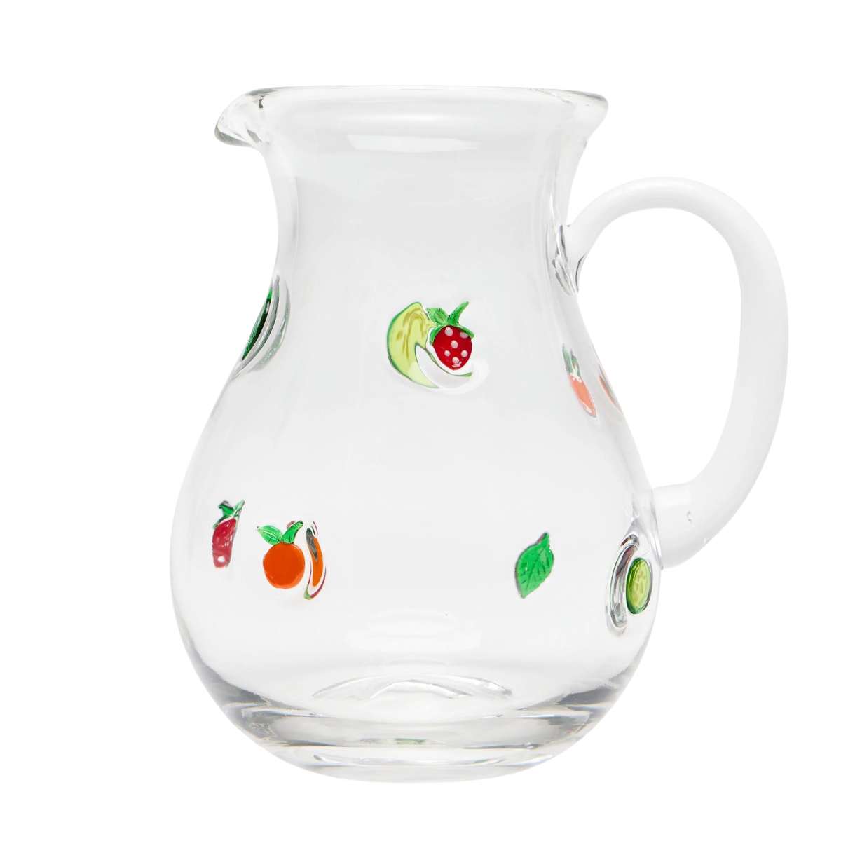 a clear glass water jug with colourful fruit motifs