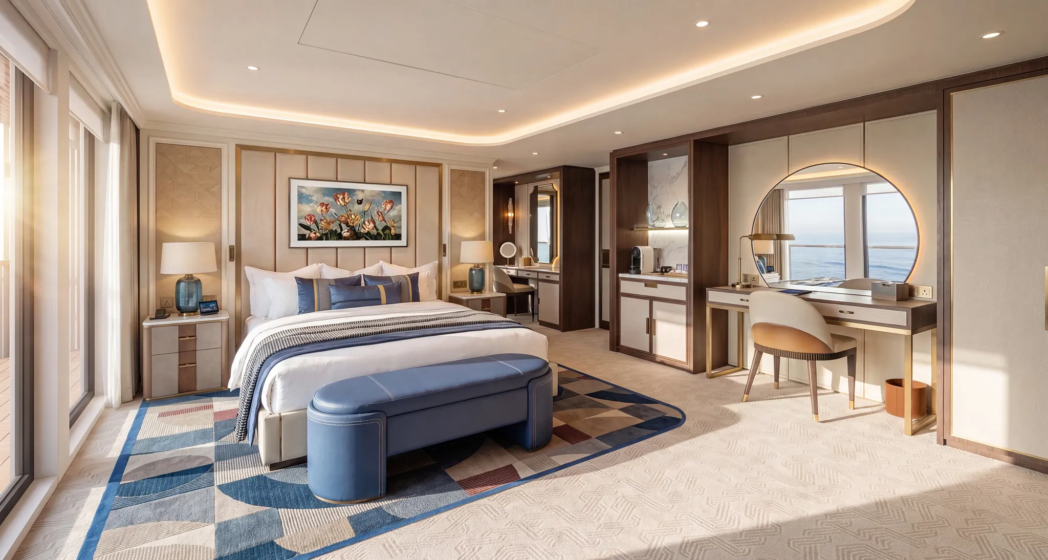 Spacious, elegant cruise suite bedroom with a king-size bed, blue padded bench, geometric carpet, vanity table with a circular illuminated mirror reflecting the ocean, and floor-to-ceiling glass doors