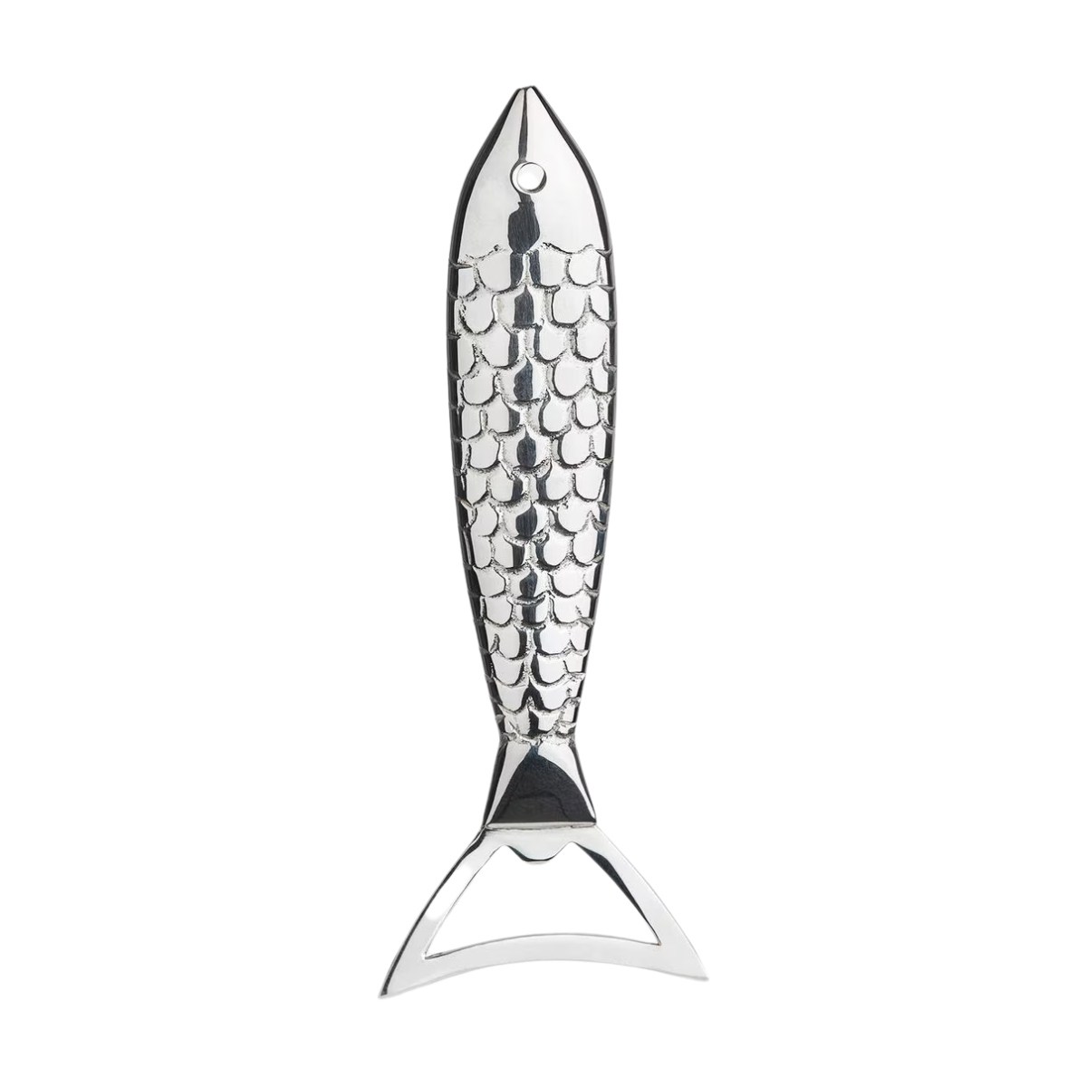 a silver fish shaped bottle opener