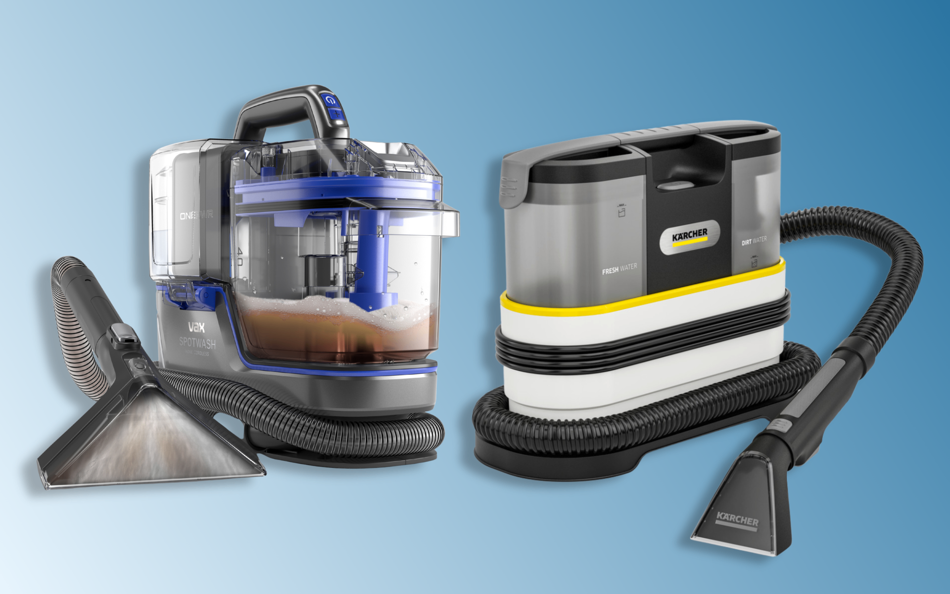 a vax spot cleaner and a karcher spot cleaner on a blue background