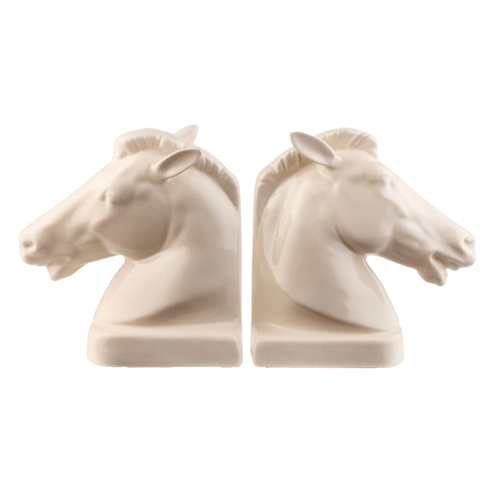 a pair of cream horse head shaped ceramic book ends
