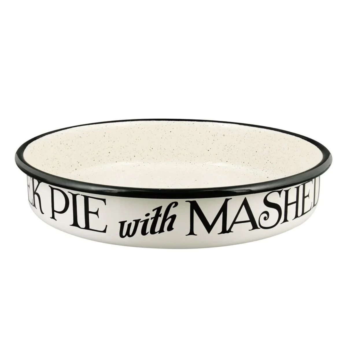 a black and white enamel pie dish with black writing around the edge and a black rim