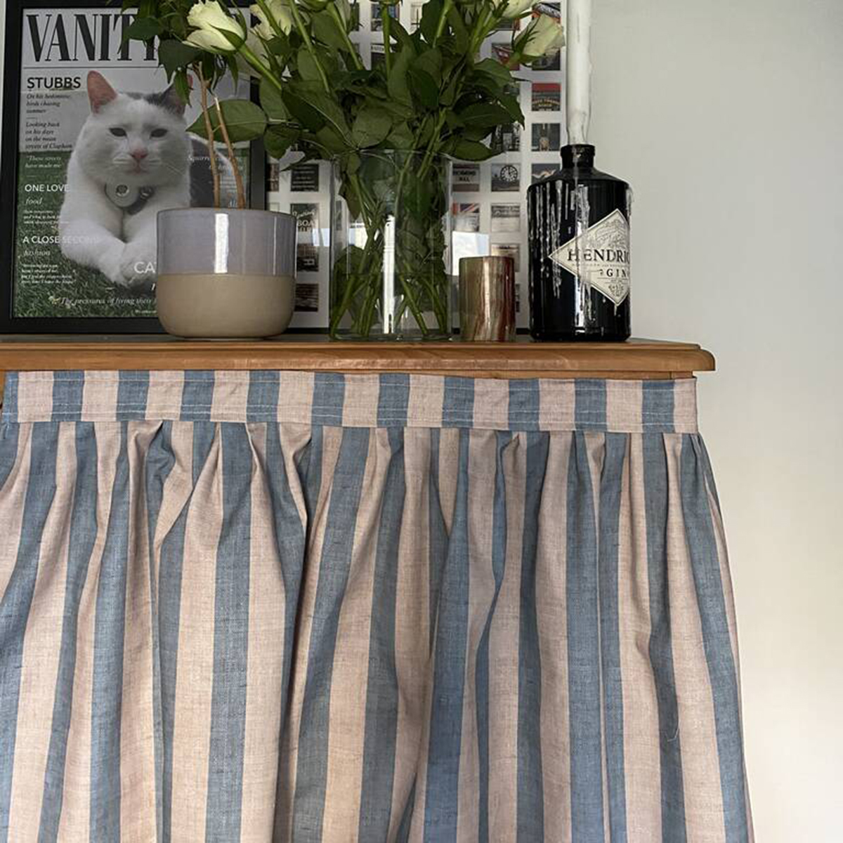blue and white stripe under sink skirt