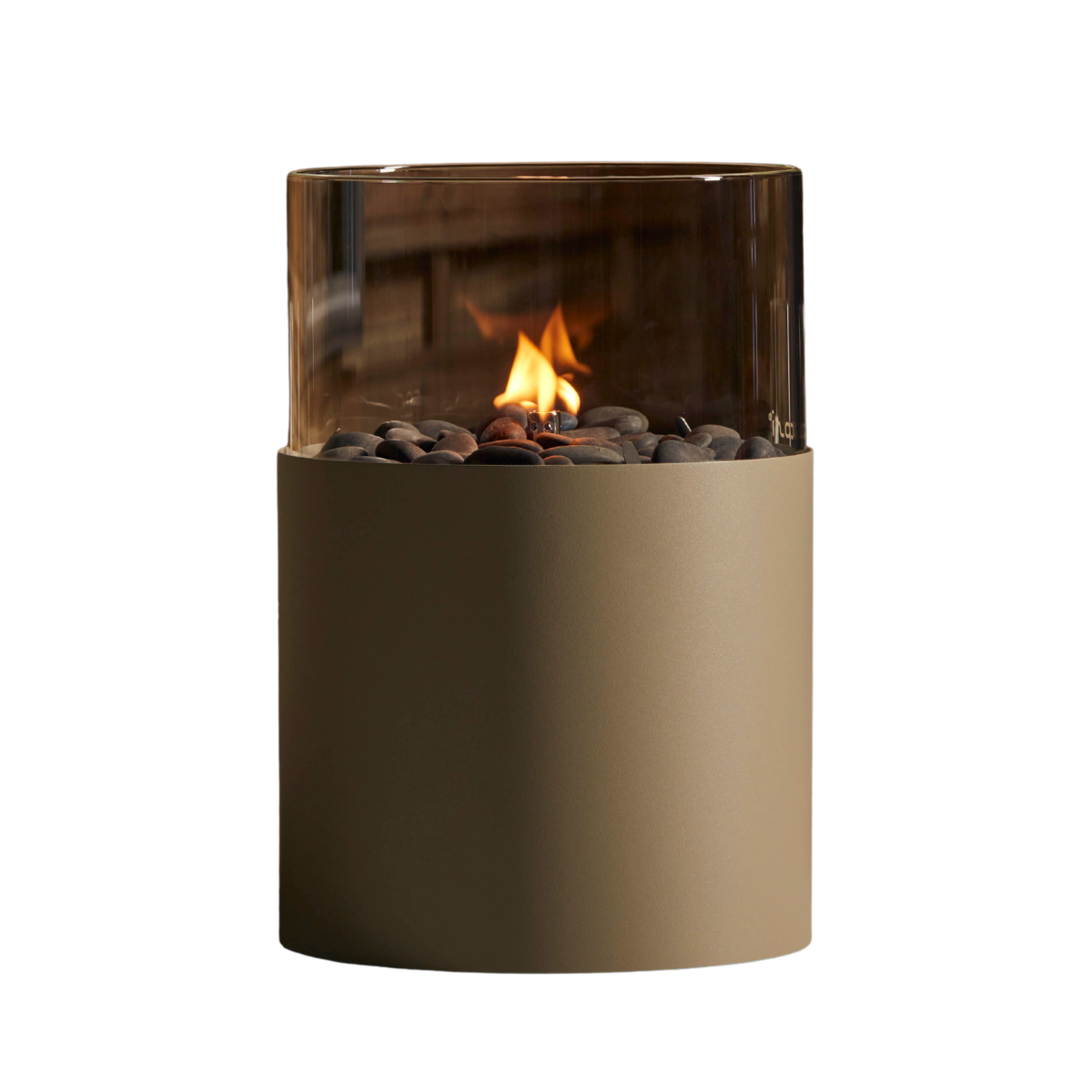 a beige cylinder fire pit with a flame and glass top