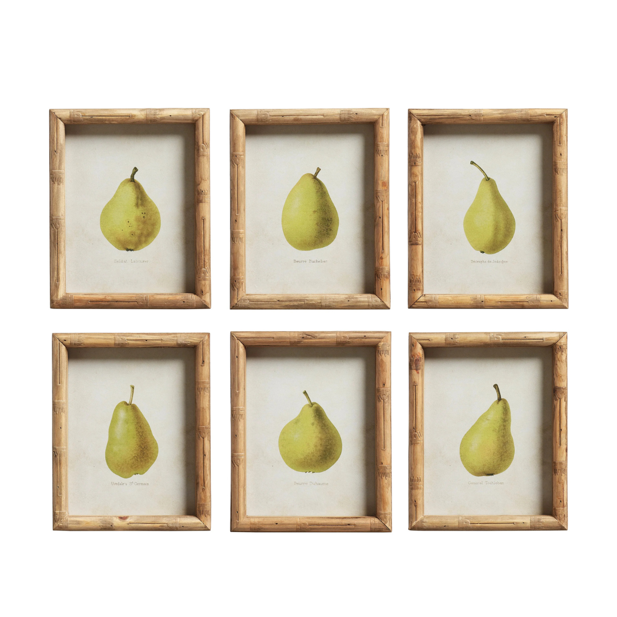 a set of 6 green pear prints in bamboo frames