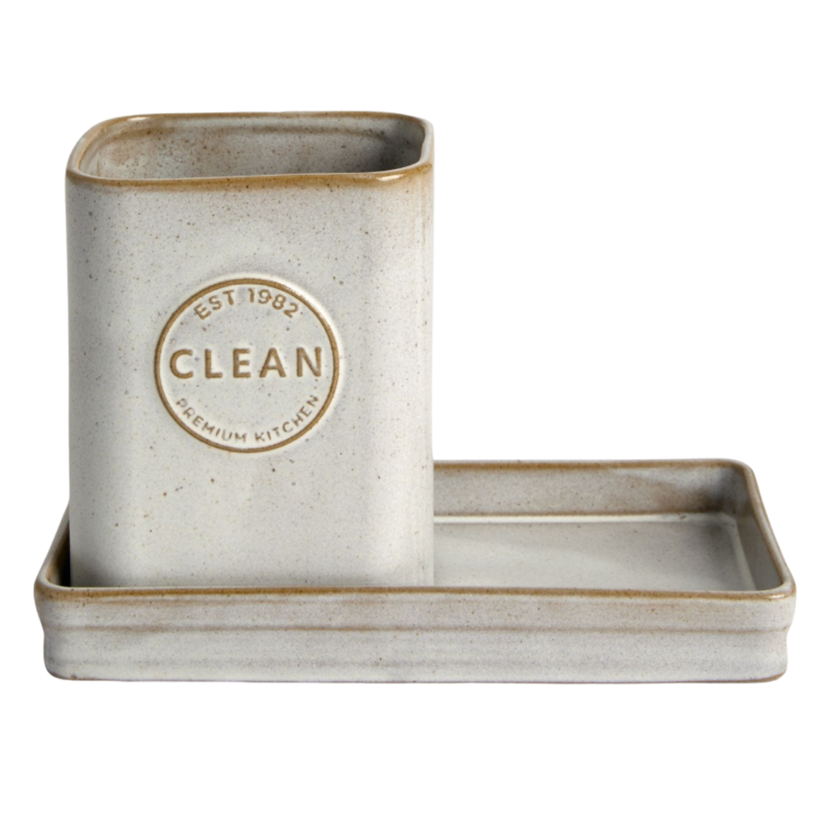 beige and grey ceramic sink storage caddy