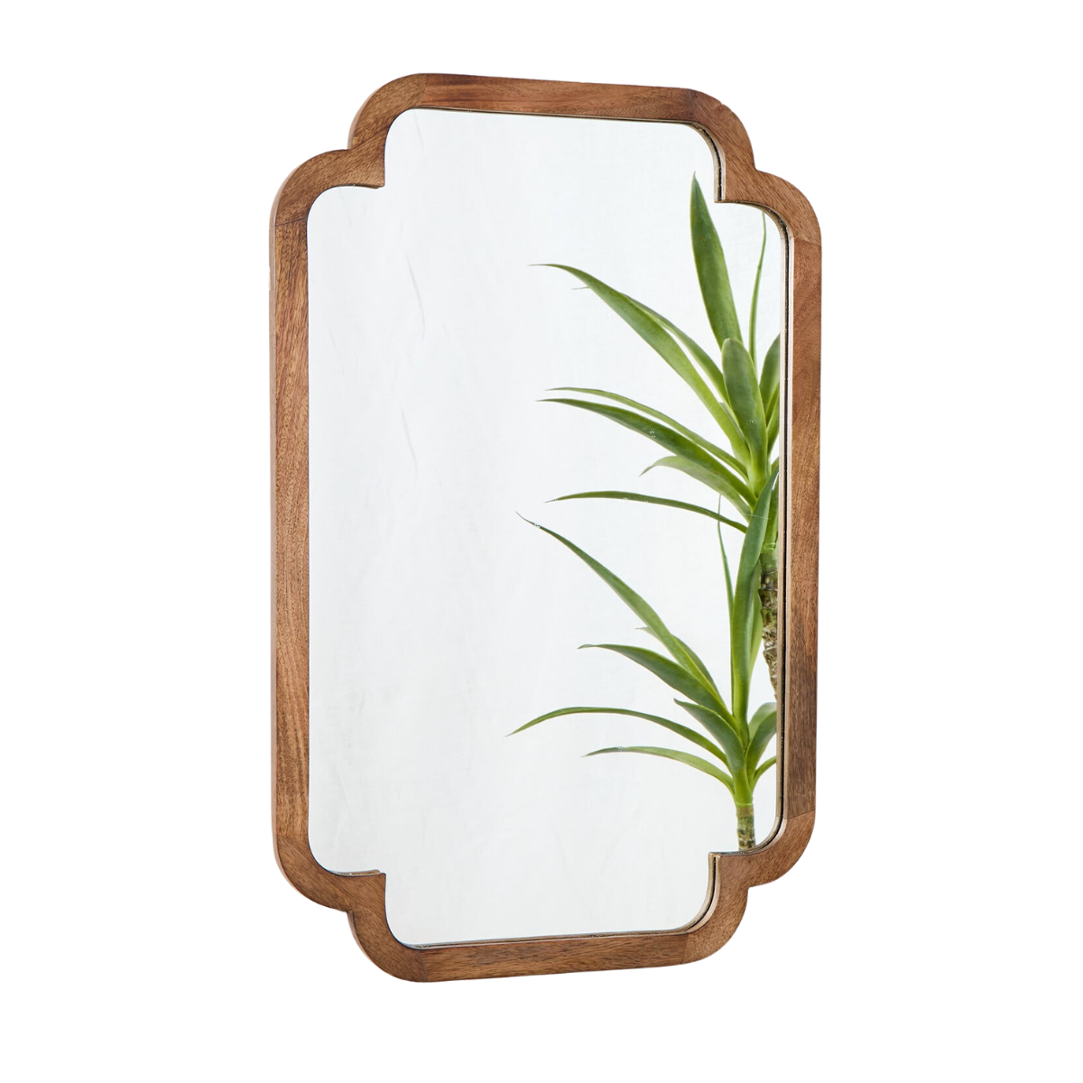 a wooden rectangle mirror with scallop edge detail