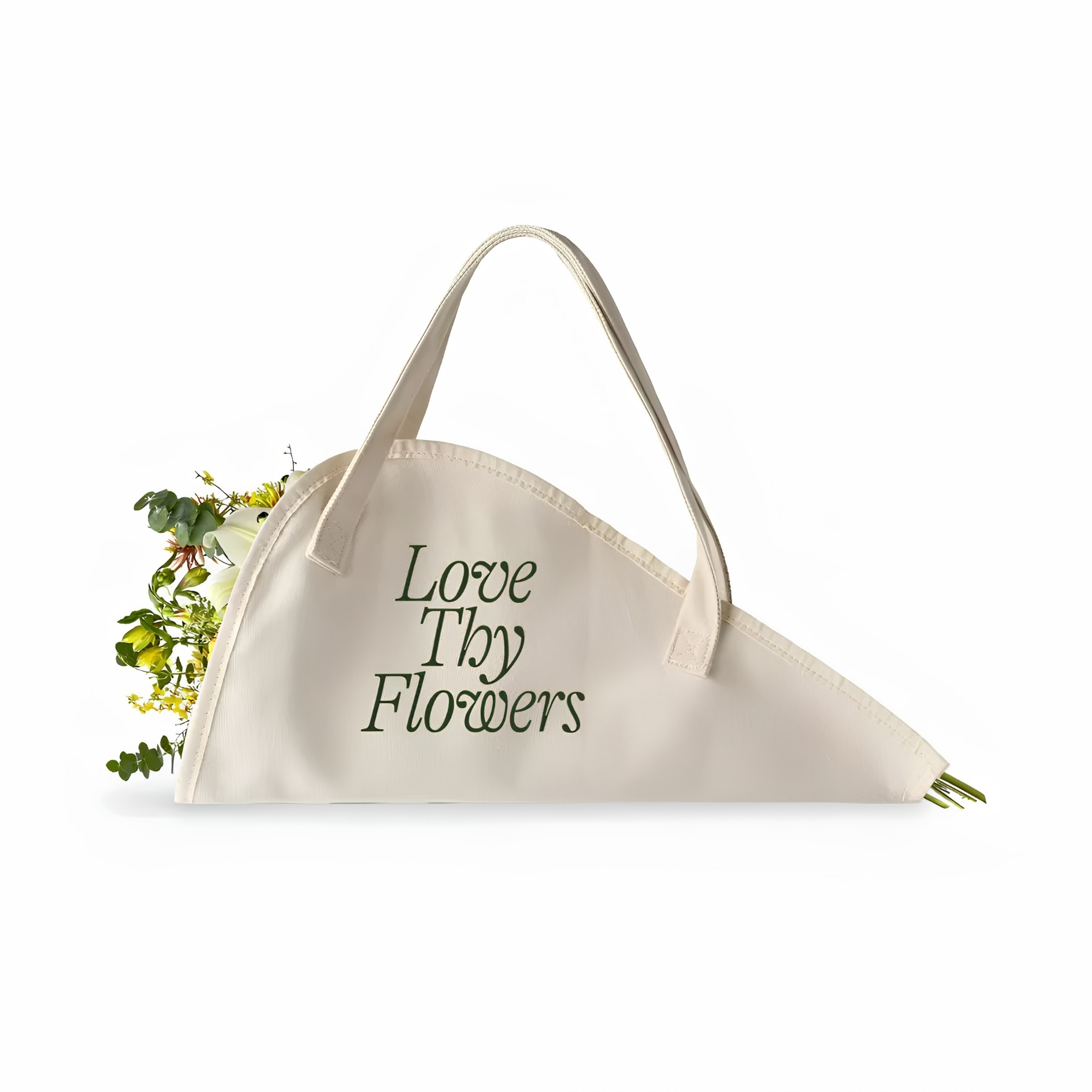 SOWVITAL Love Thy Flowers Cotton Flower Tote Bag pictured with flowers inside on a white background