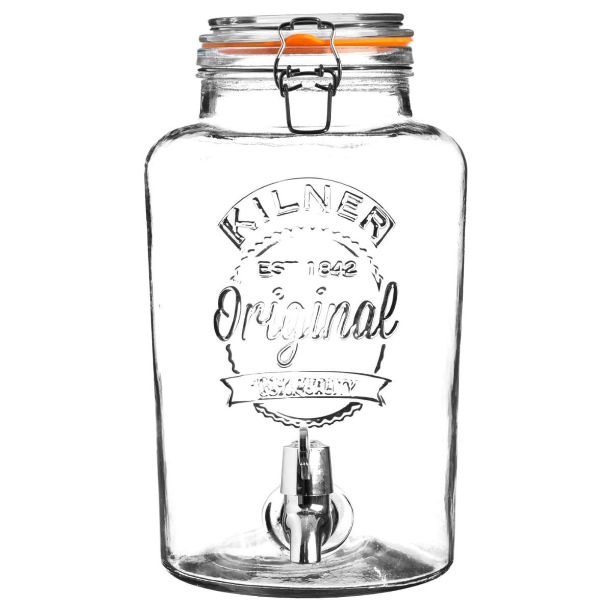 a clear glass kilner clip top drink dispenser