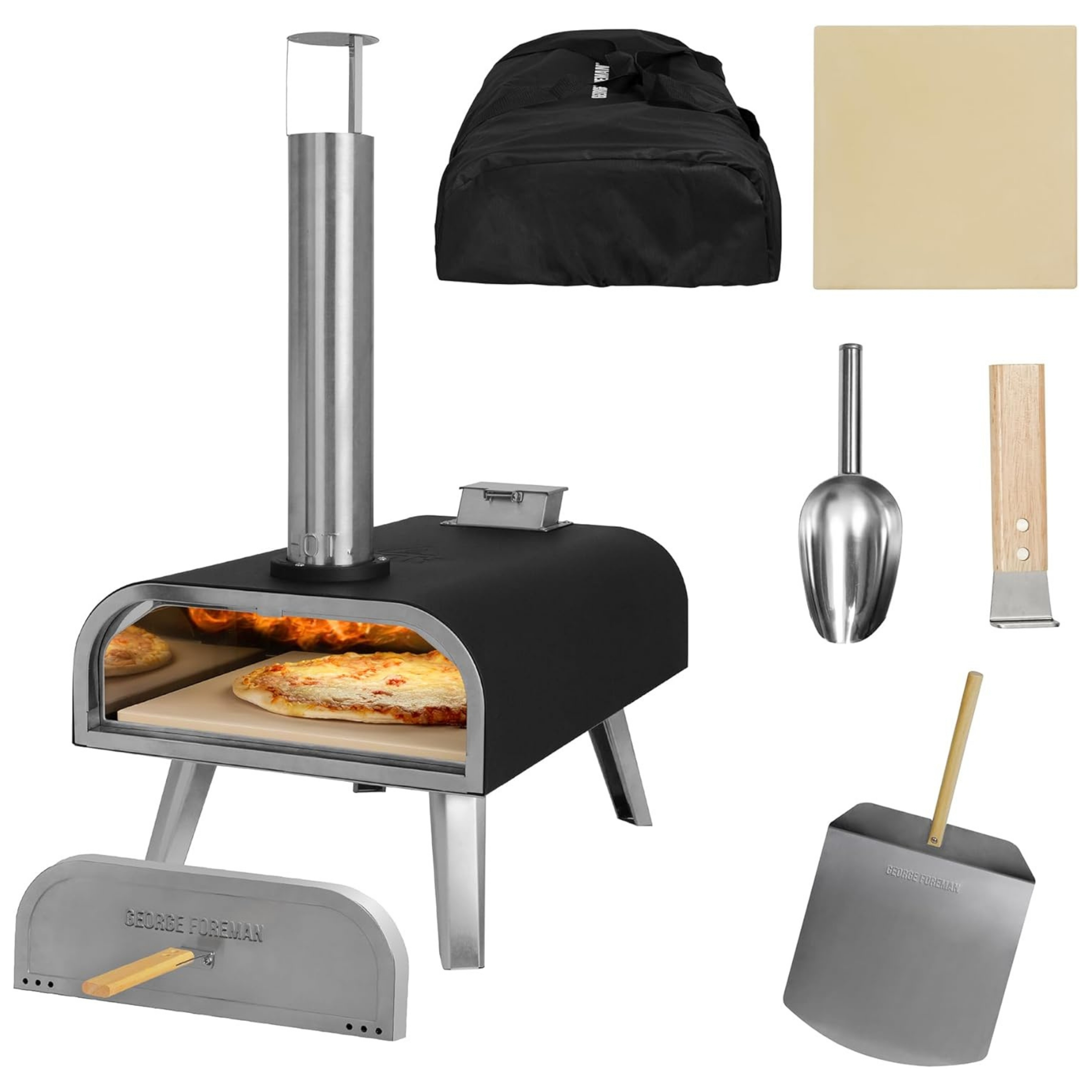 George Foreman Outdoor 16 Inch Wood Pellet Portable Wood Fired Pizza Oven Black with Paddle and Carry Bag on a white background
