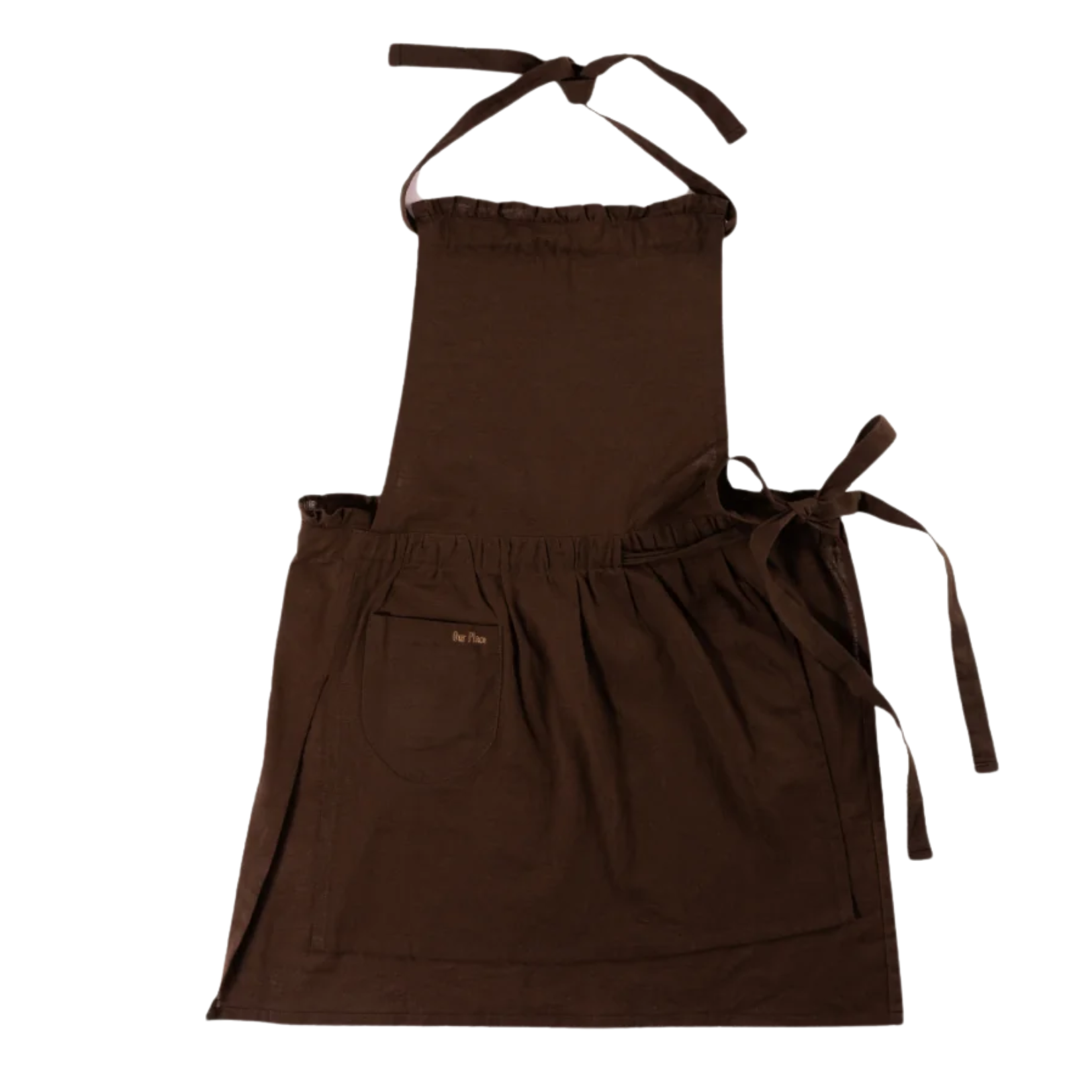 Dark brown full-length apron featuring an adjustable neck strap, side waist ties, and a front patch pocket.