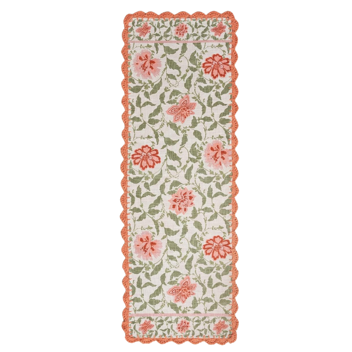 a white, green and pink floral runner with an orange crochet border