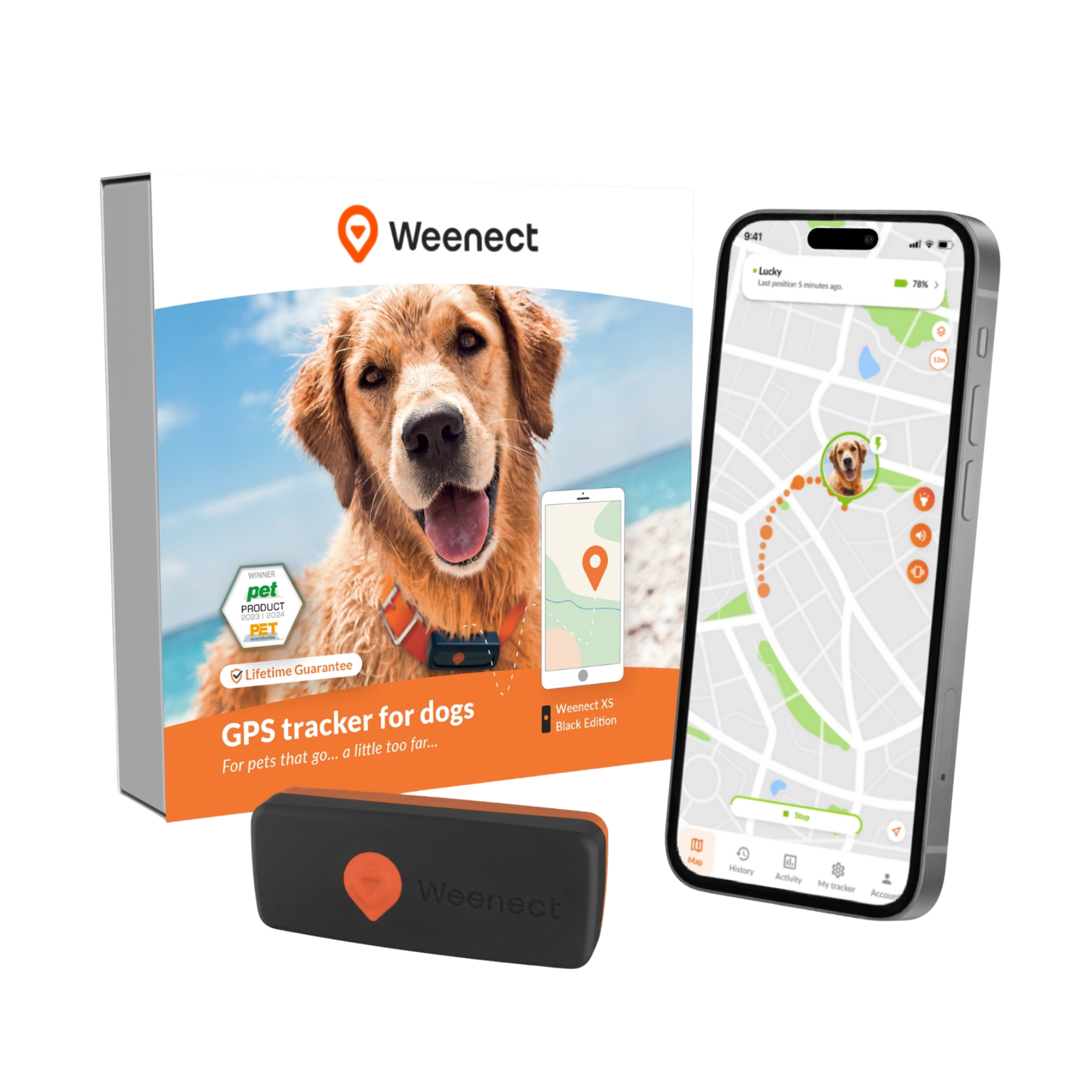 weenect pet tracker with box and iphone app